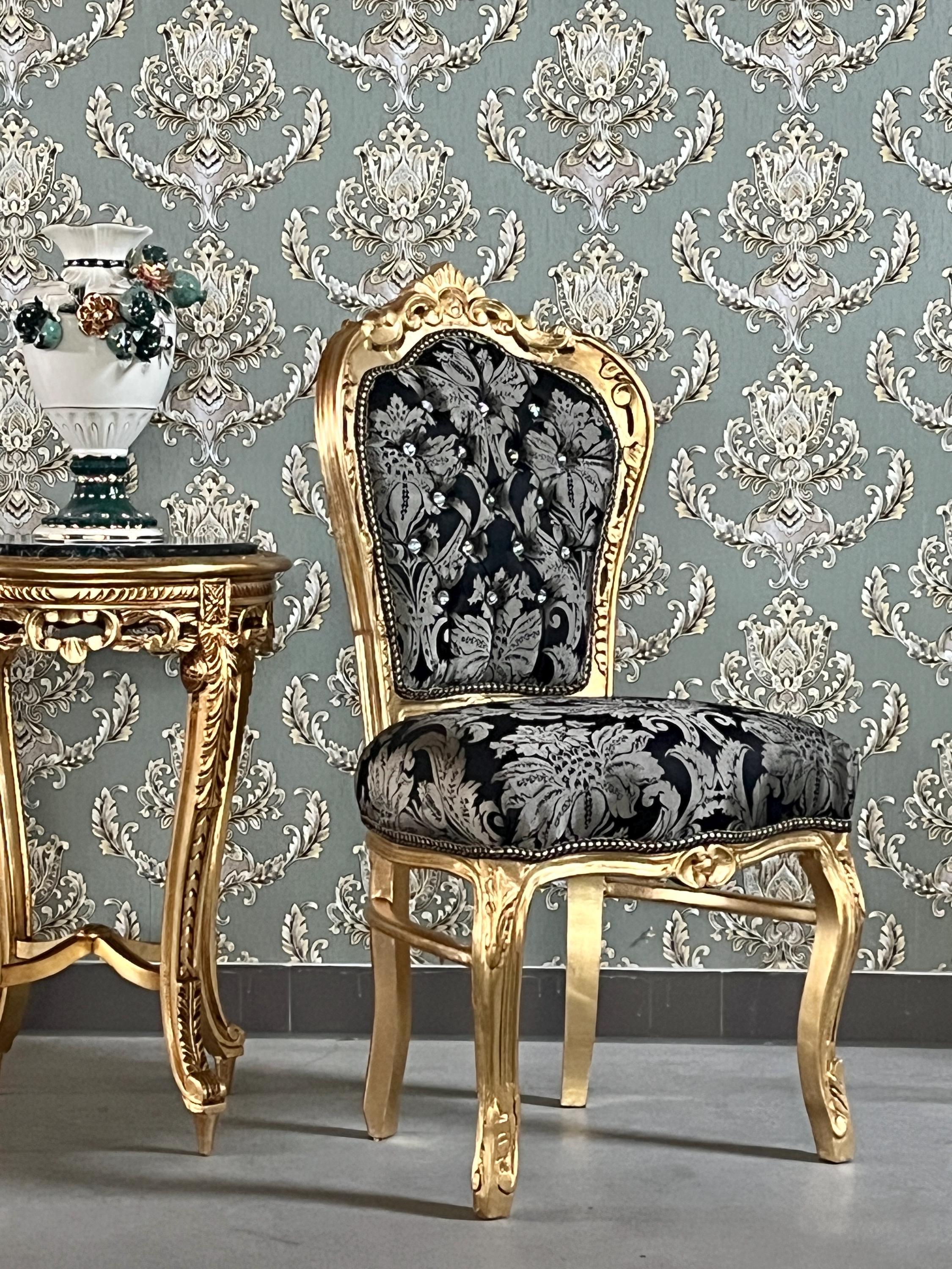 Baroque Accent Chair Black Floral Dining Chair in Gold Finish Retro French Style