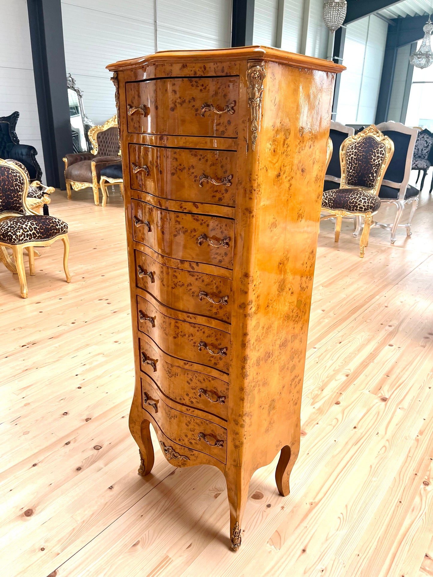 Hohe Kommode im Barockstil - Glänzend /Tall Chest of Drawer French Baroque Style in Yellow 7 Drawers Cabinet for Home Decor or Shop Display
