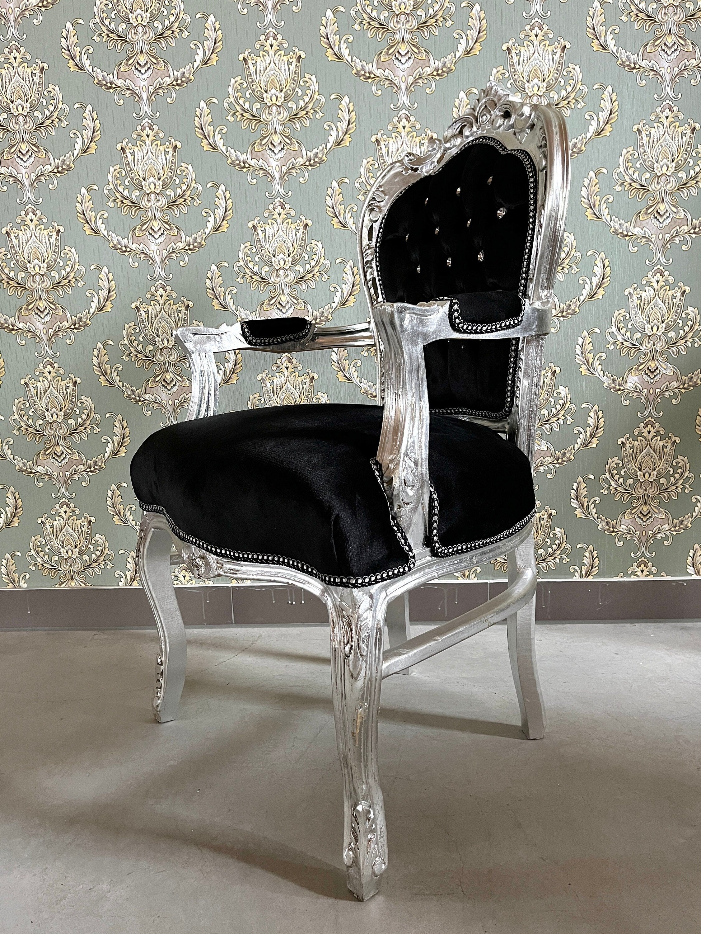 Armchair French Louis Style Black Velvet Chair Antique Style Baroque Rococo Style Armchair in Silver Finish Velvet Black for Home