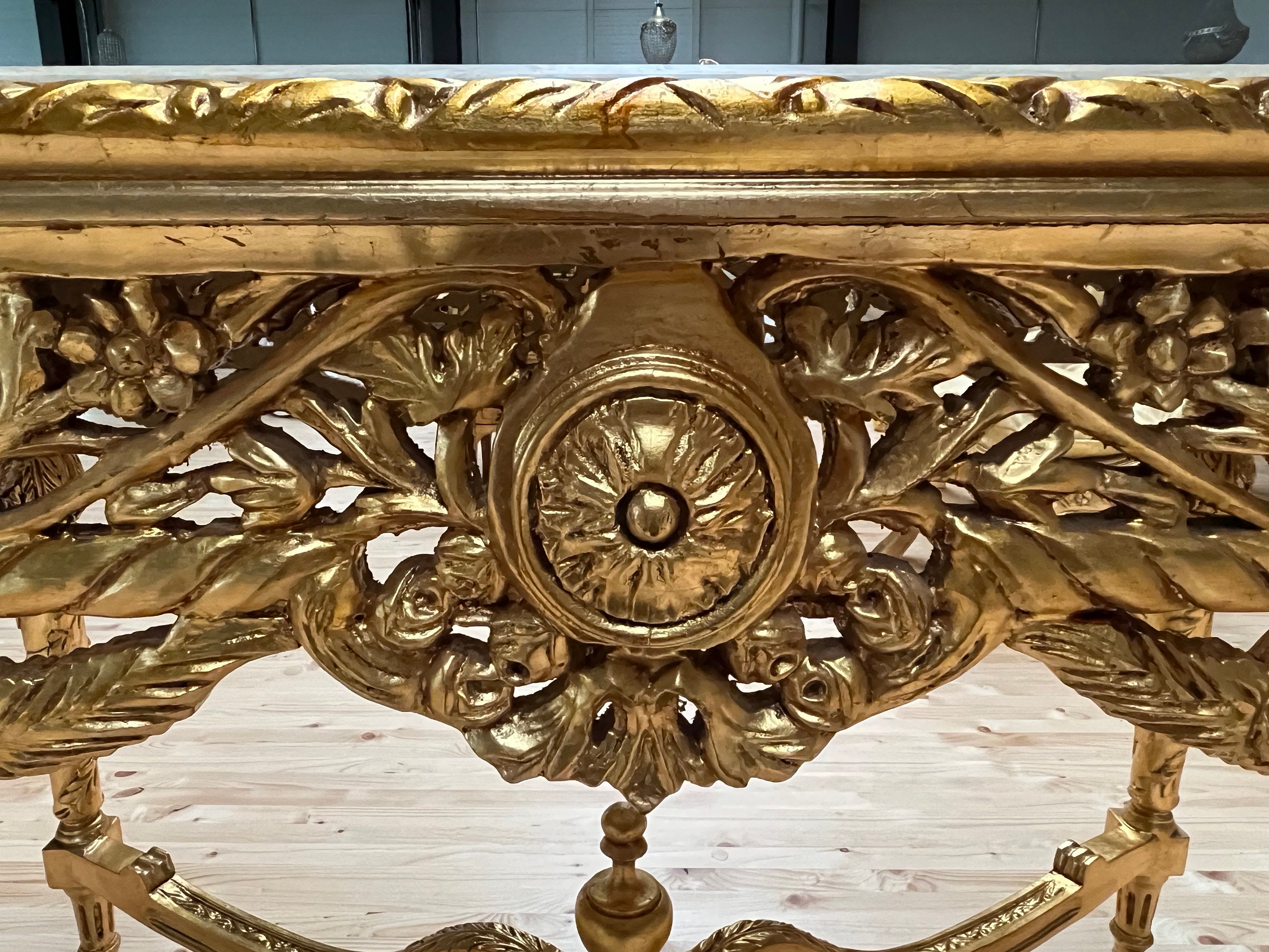 Dining Table Extra Long French Baroque Style in Gold Finish with Beige Color Marble Slab at Top