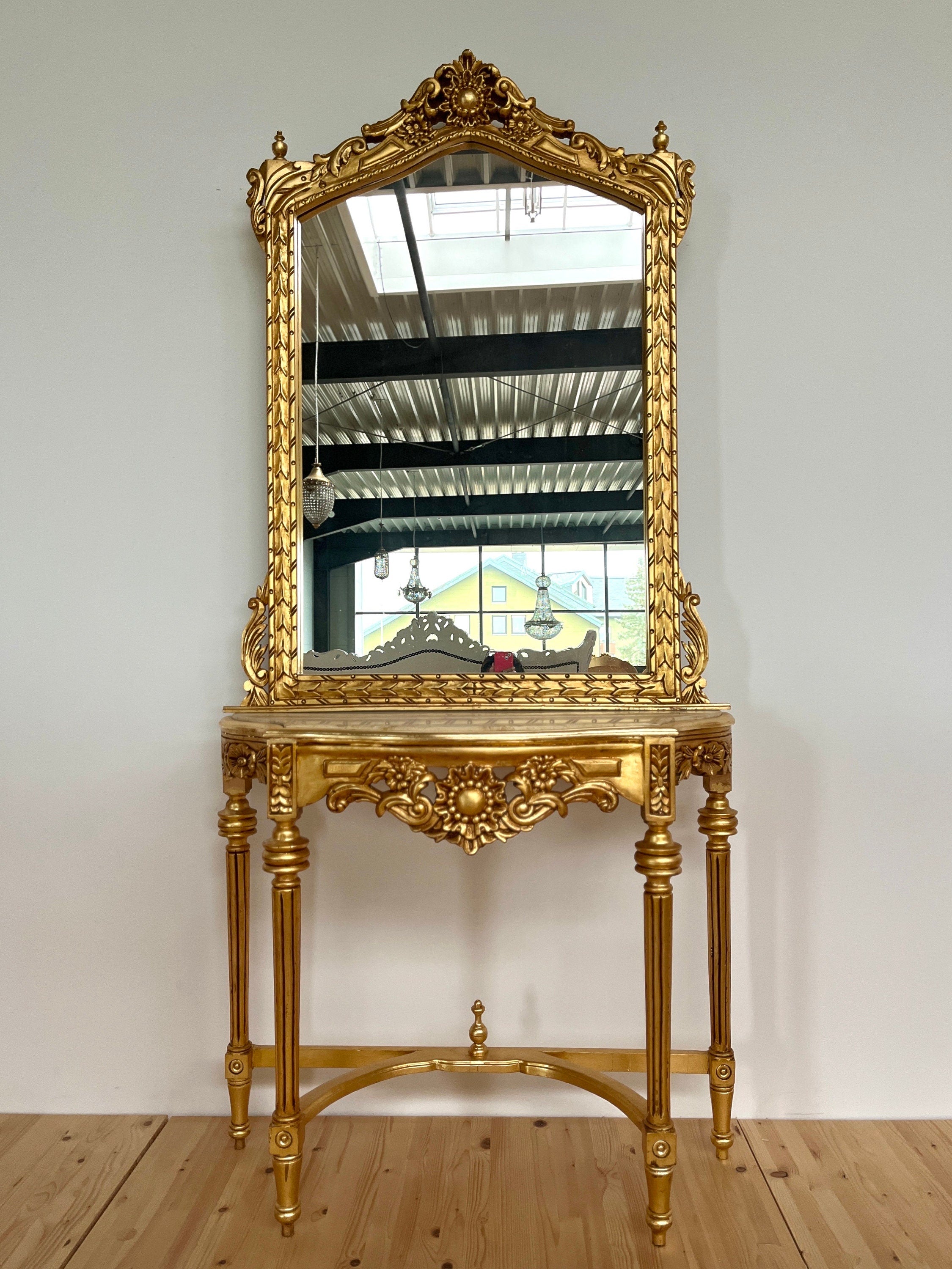 Mirror Table Console Retro Baroque Style with Marble Slab Top Handmade Wooden Table in Gold Finish