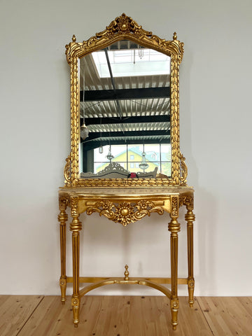 Mirror Table Console Retro Baroque Style with Marble Slab Top Handmade Wooden Table in Gold Finish