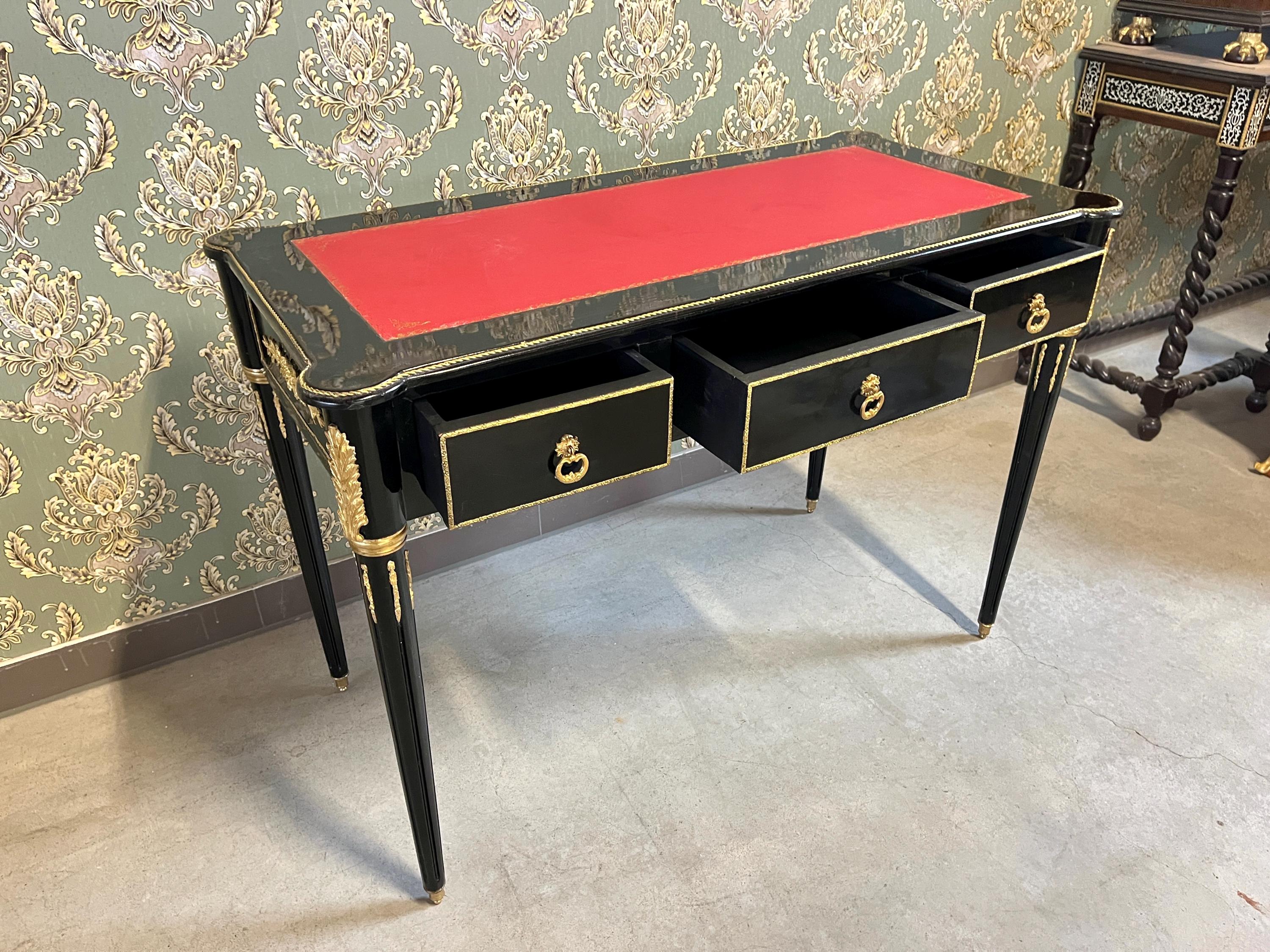 Antique Style Desk in Black & Red Handmade Baroque Writing Table 3 Drawers Italian Style Desk With Brass Ornaments Handles for Home Decor