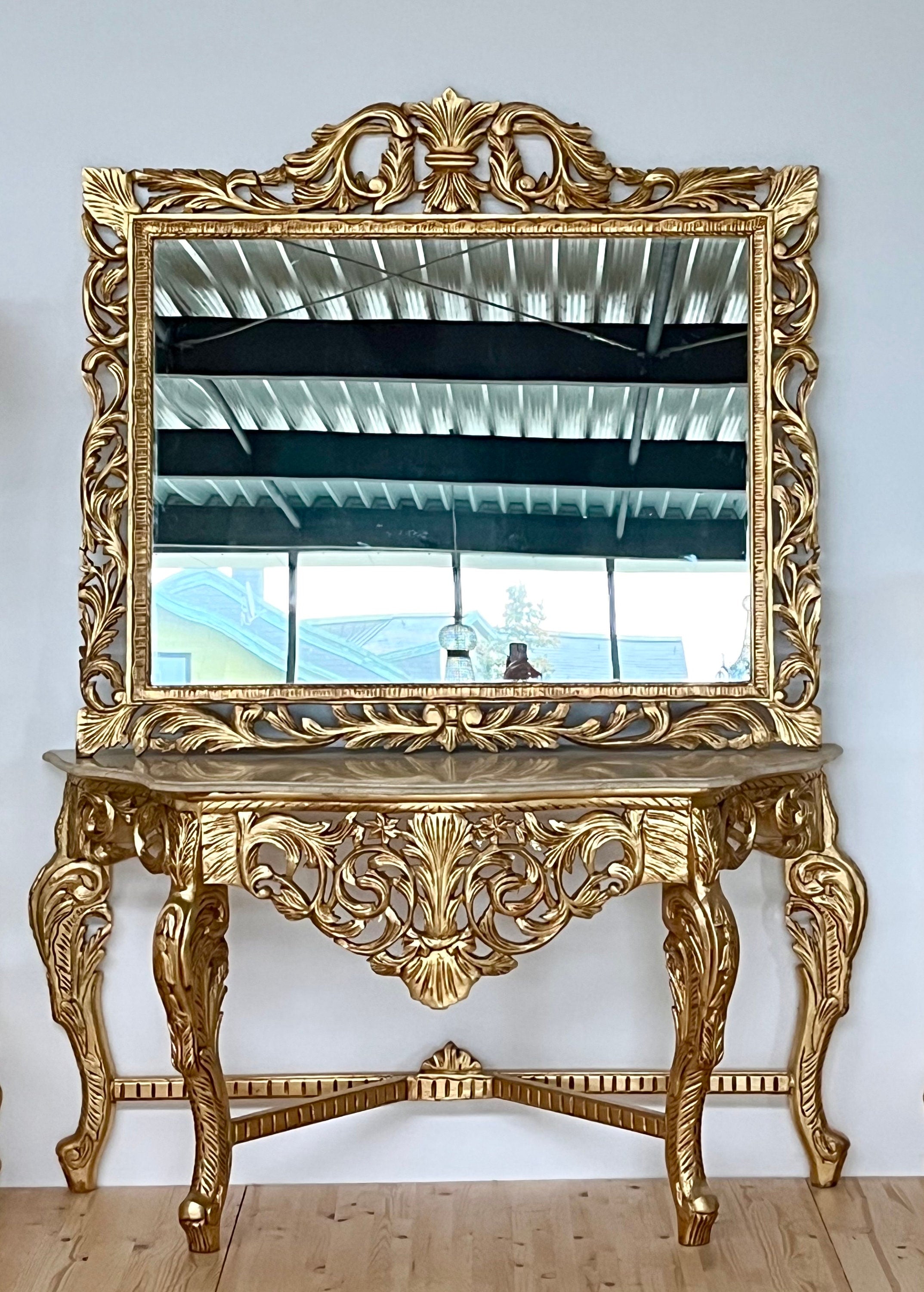 Rococo Accent Console Table & Square Mirror Antique Baroque With Beige Marble Top