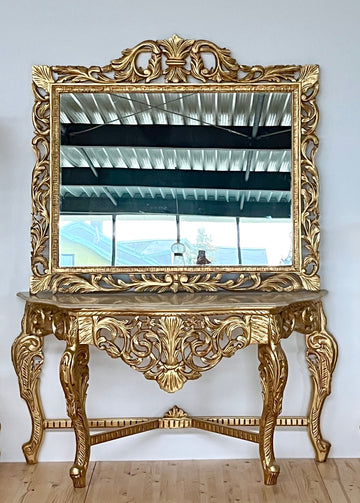 Rococo Accent Console Table & Square Mirror Antique Baroque With Beige Marble Top