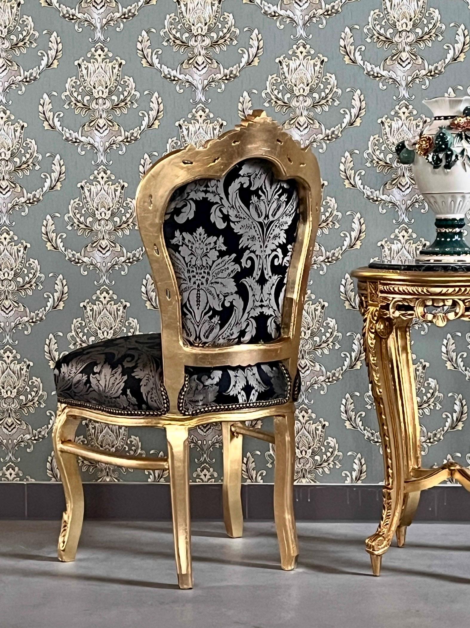 Baroque Accent Chair Black Floral Dining Chair in Gold Finish Retro French Style