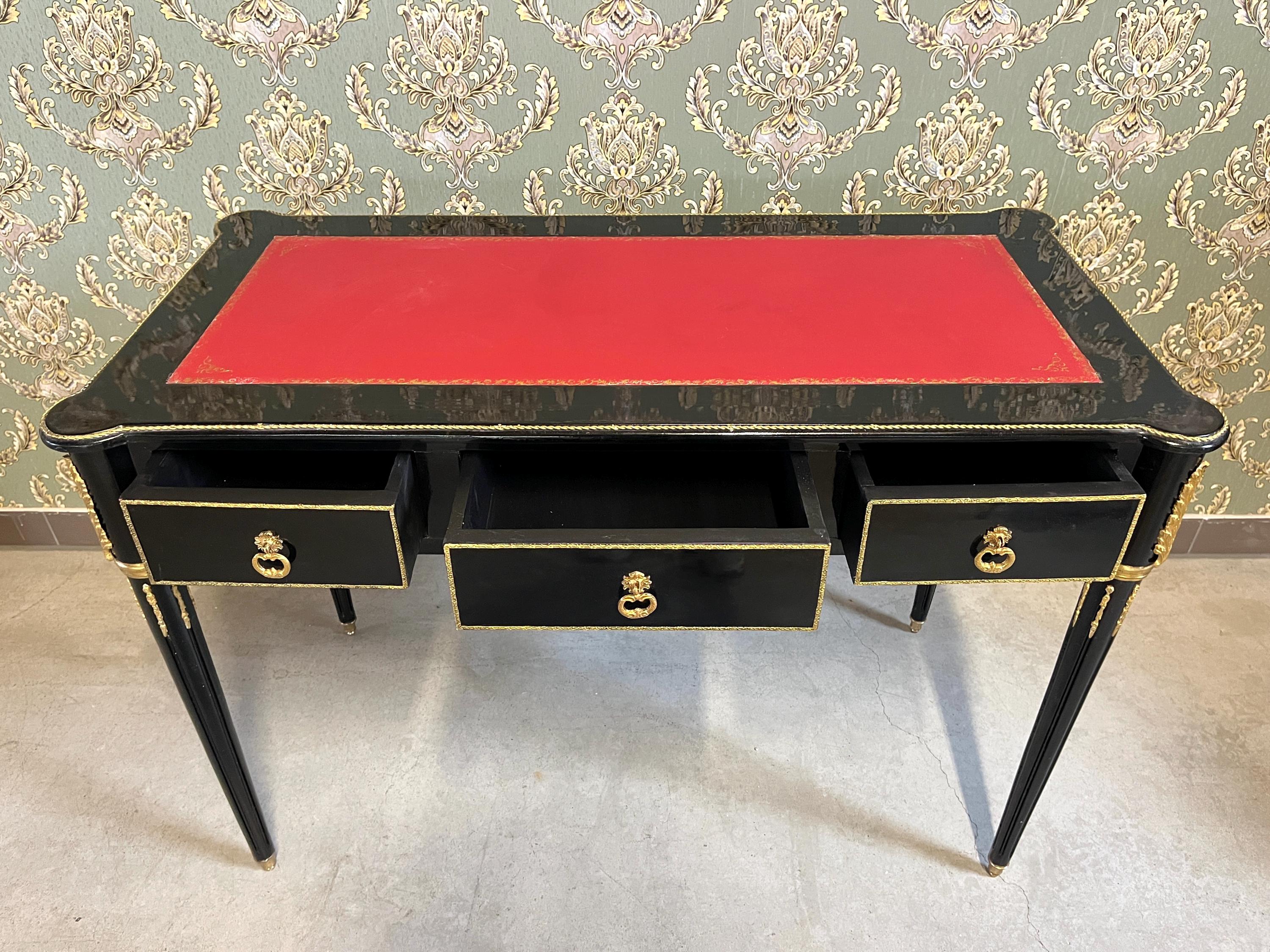 Antique Style Desk in Black & Red Handmade Baroque Writing Table 3 Drawers Italian Style Desk With Brass Ornaments Handles for Home Decor
