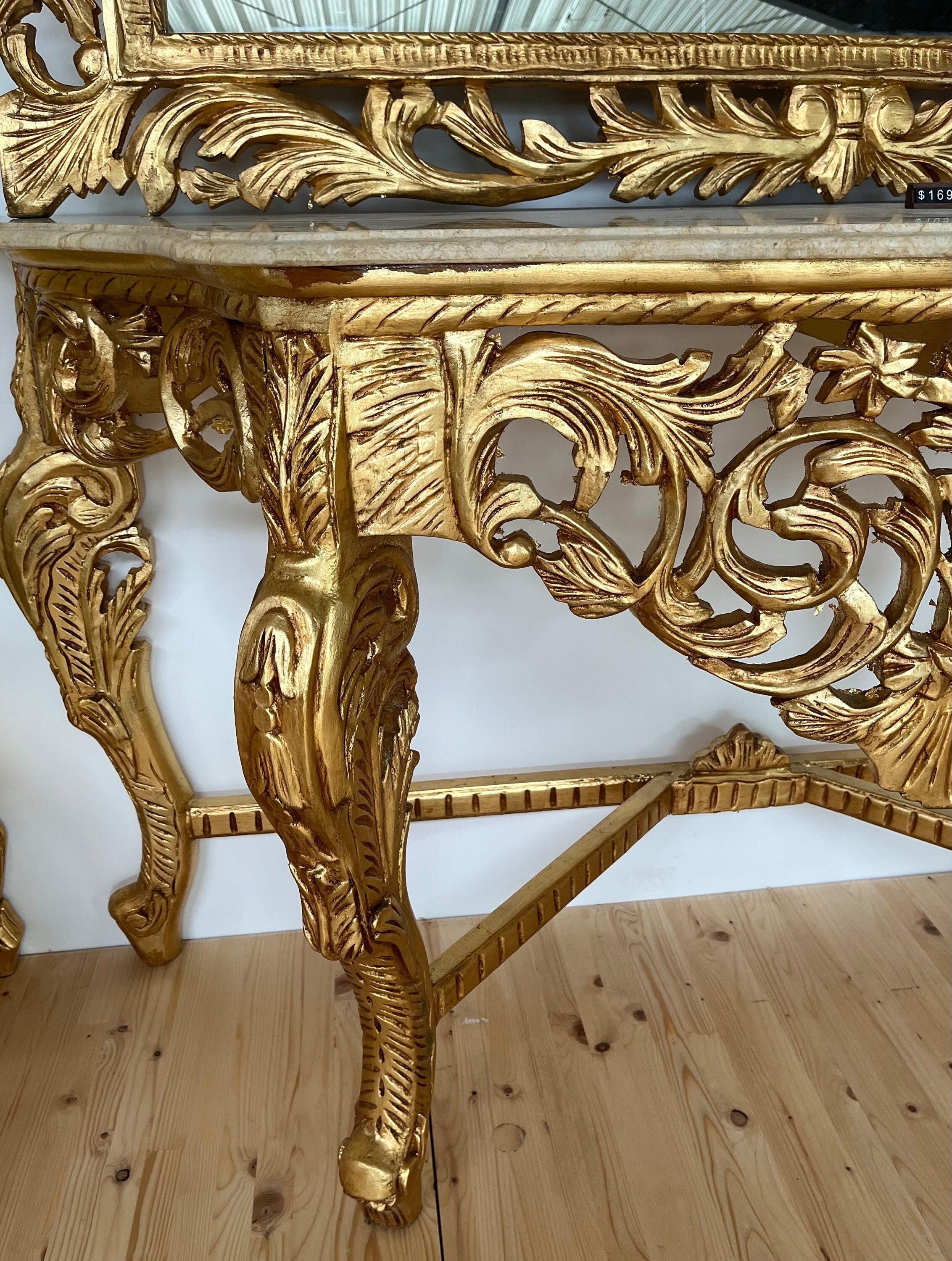 Rococo Accent Console Table & Square Mirror Antique Baroque With Beige Marble Top