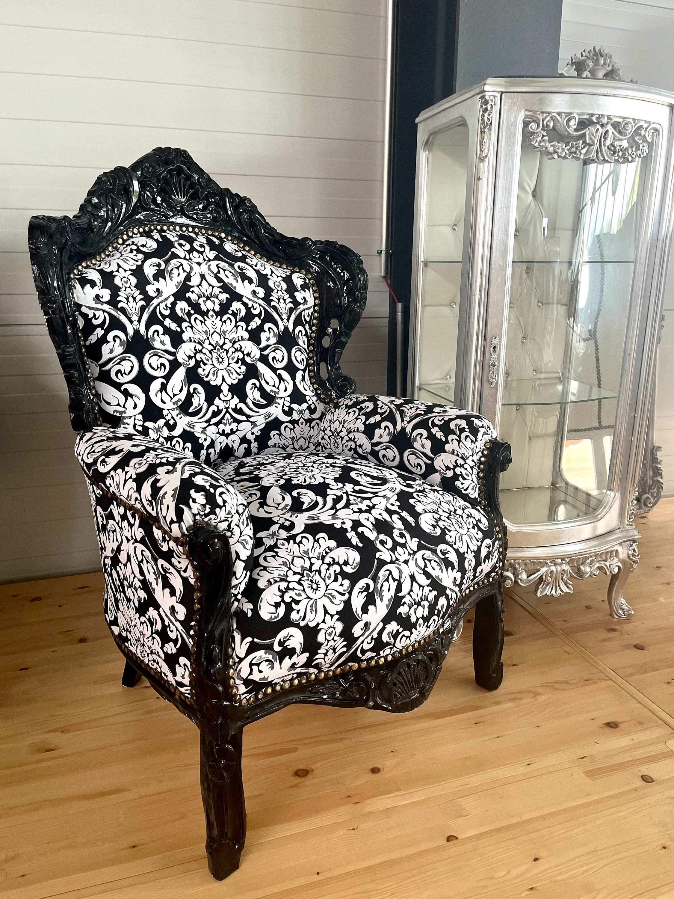 Baroque Accent Armchair Black Floral Chair French Salon Zebra Print Lounge Chair