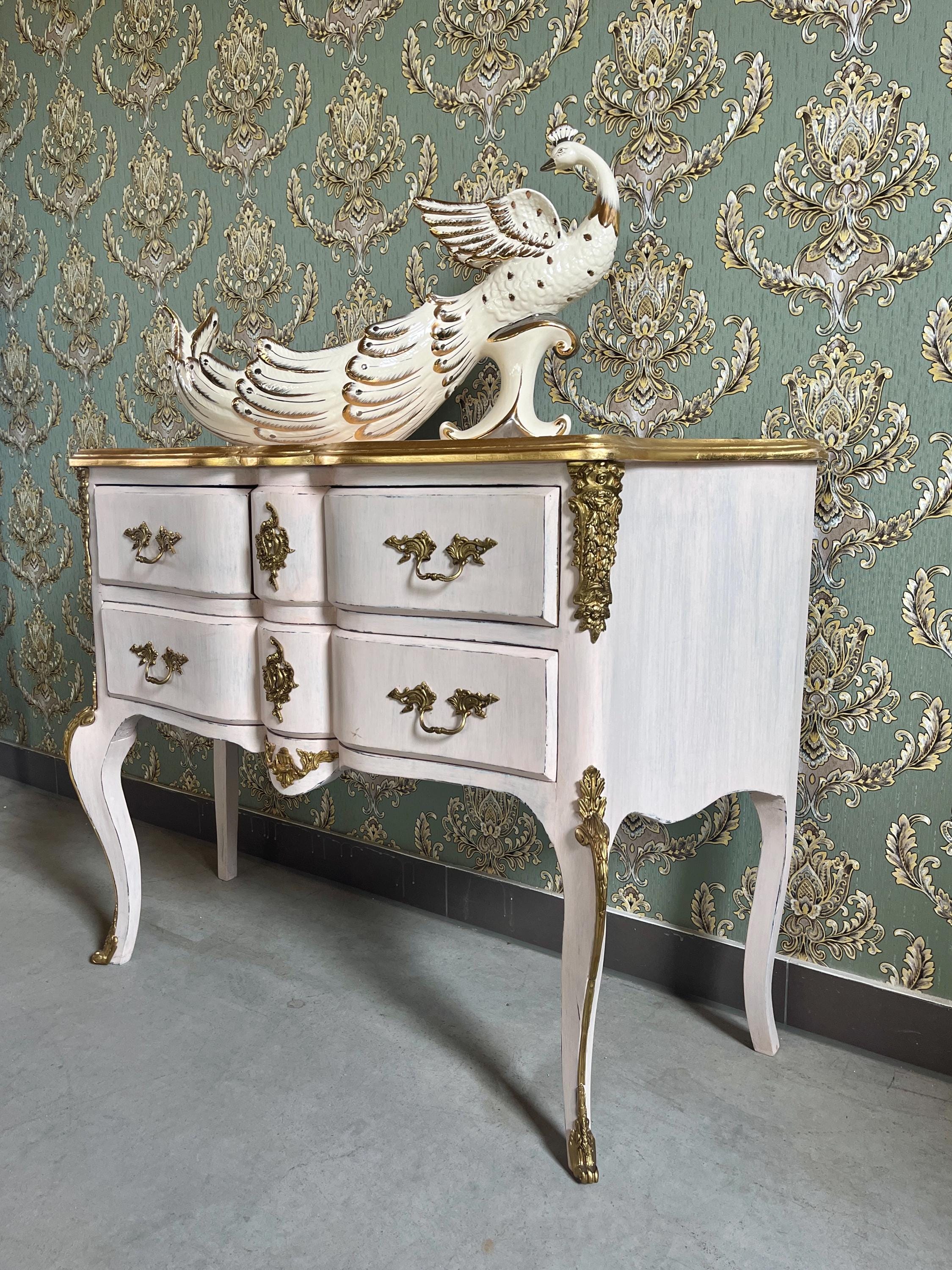 Pink Baroque Chest of Drawers Hand-Brushed Solid Beech Wood 3-Drawer Dresser