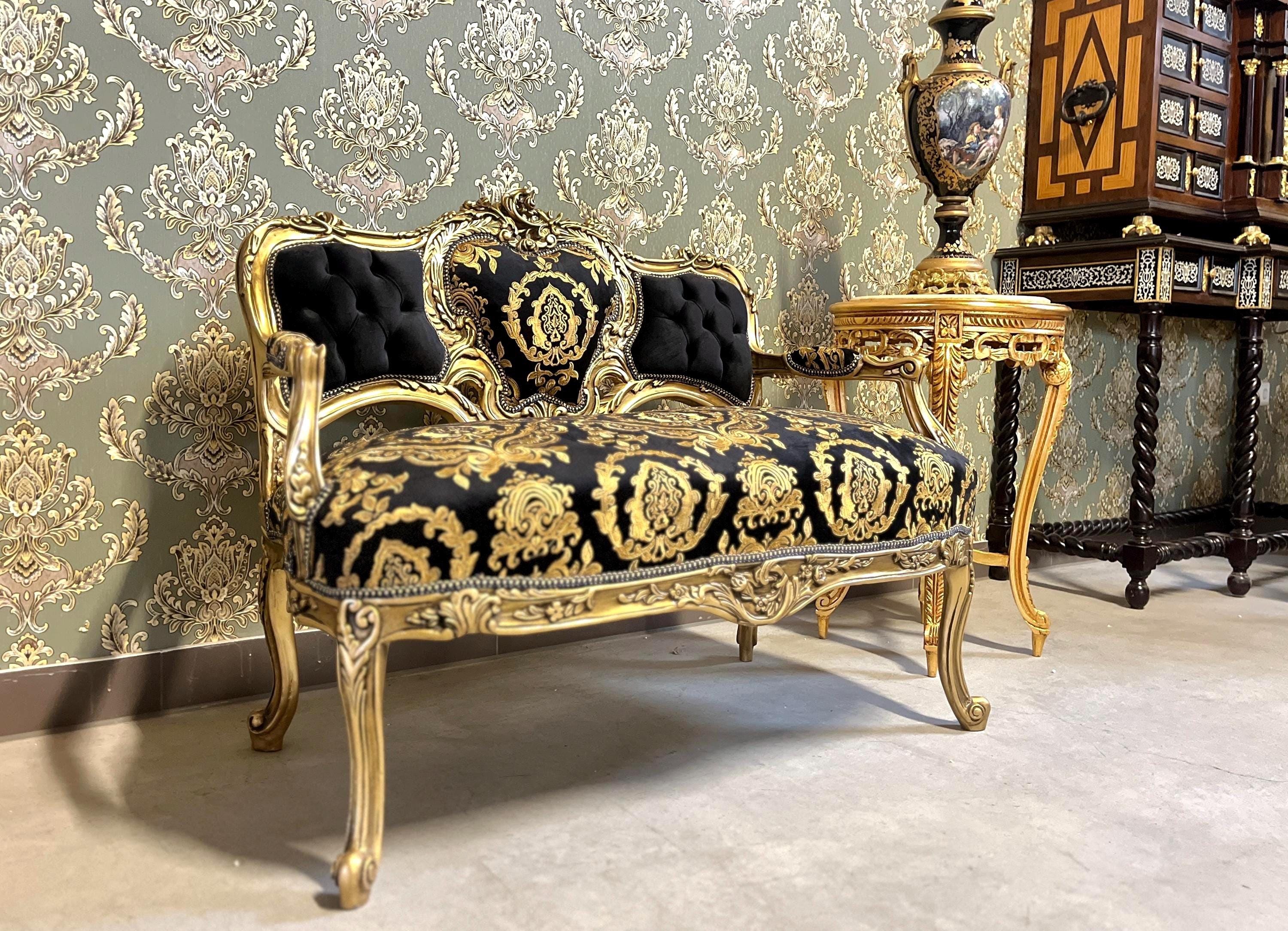 Love Seat Luxury Style 2-Seater Sofa in Black Gold Floral Damask Nostalgic Baroque Rococo Style Handmade Couch for Lounge Room Home Decor