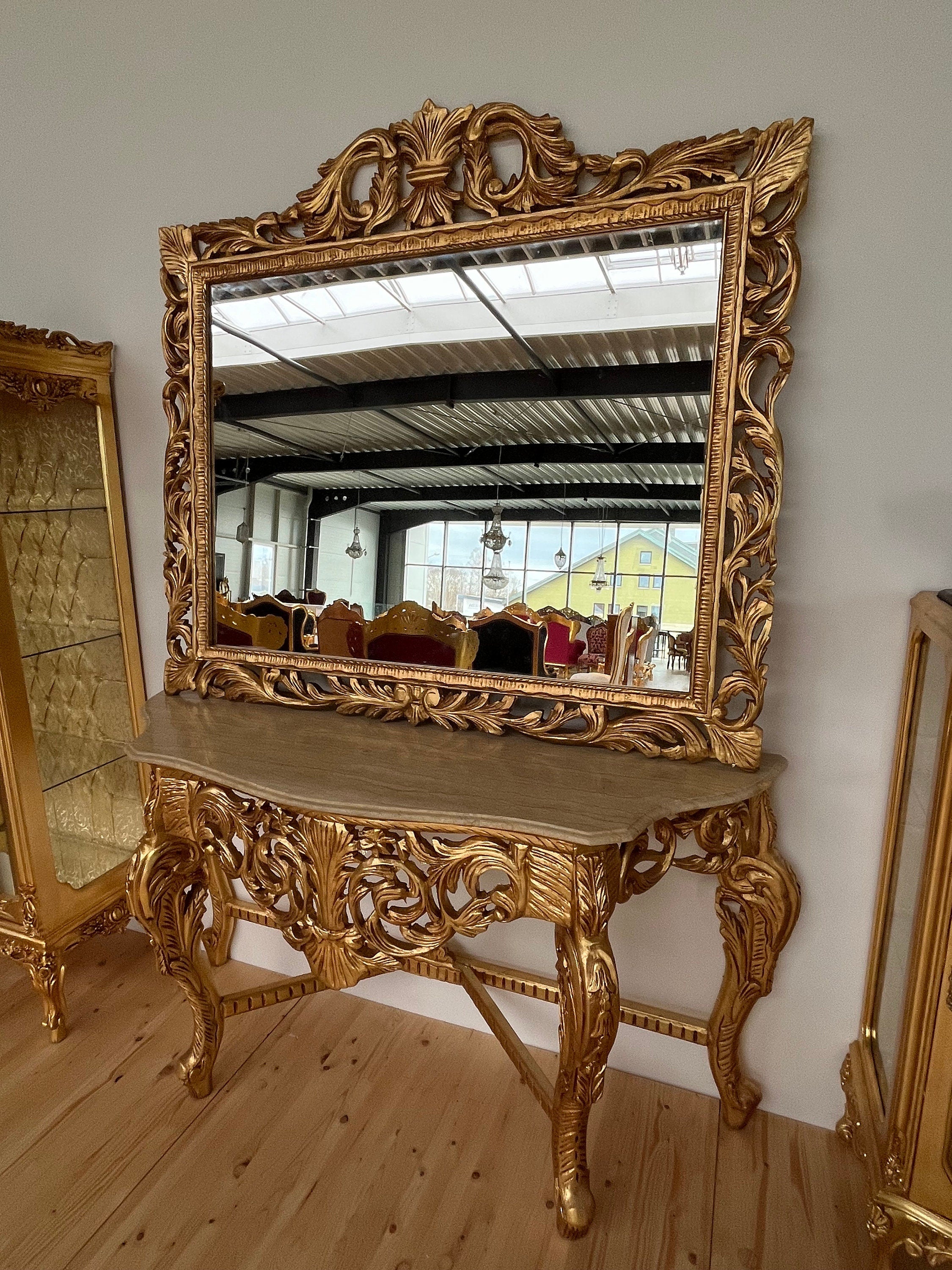 Rococo Accent Console Table & Square Mirror Antique Baroque With Beige Marble Top