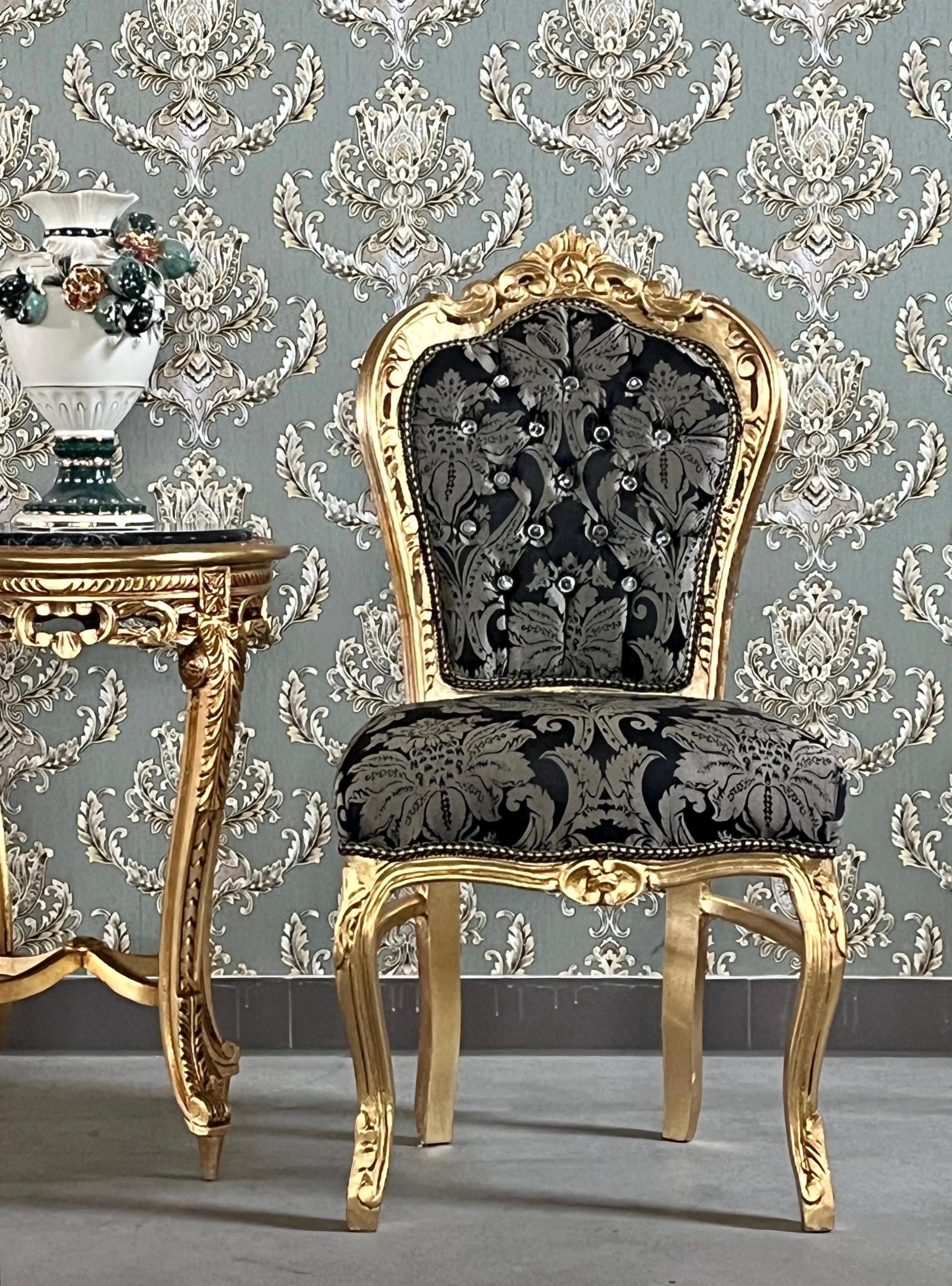 Baroque Accent Chair Black Floral Dining Chair in Gold Finish Retro French Style