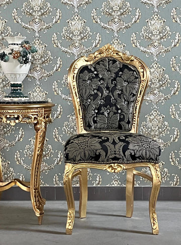 Baroque Accent Chair Black Floral Dining Chair in Gold Finish Retro French Style