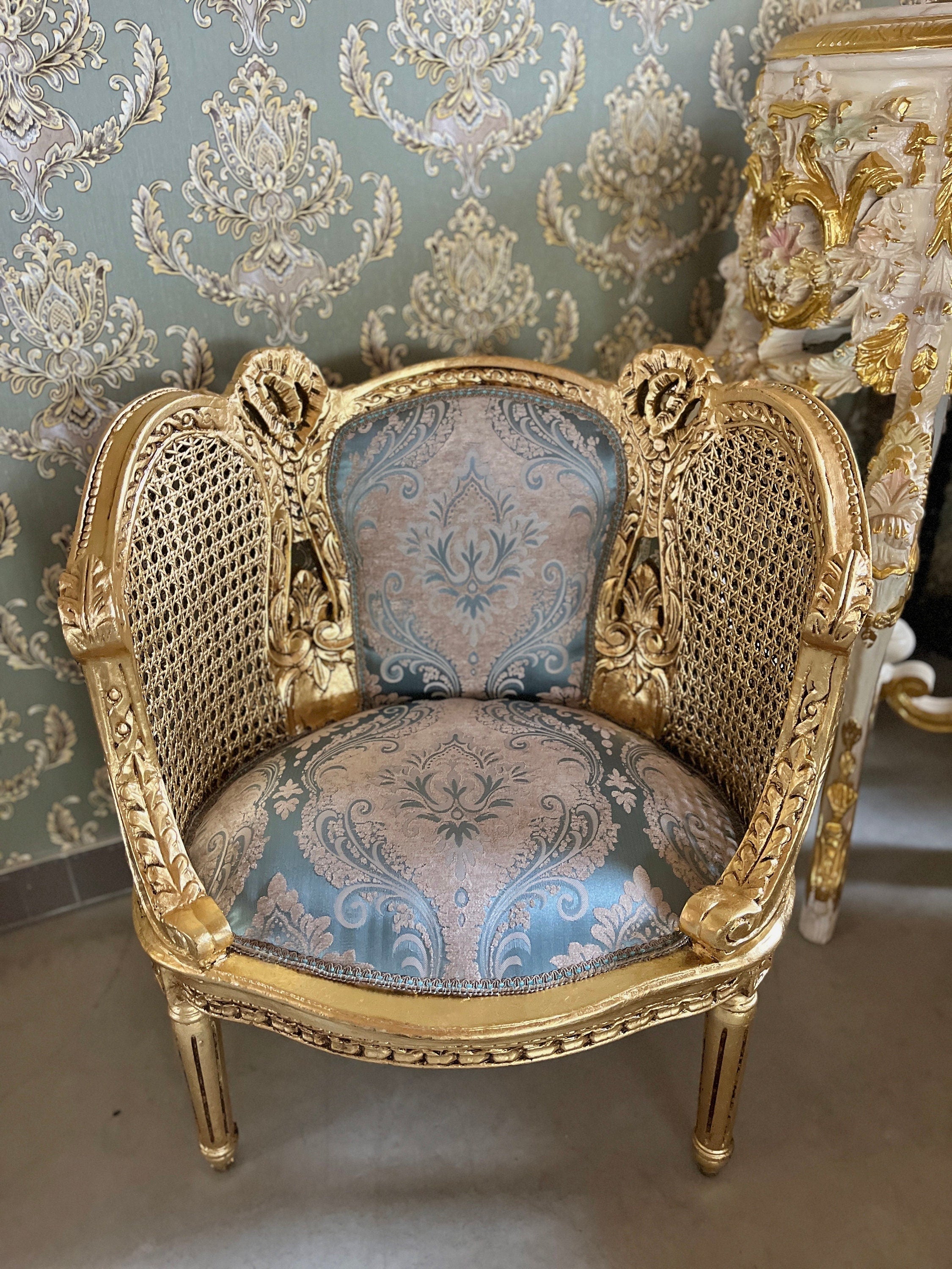 Pair Set Armchair Blue Royal Baroque Rococo Antique Style Chair in Gold Finish Woven Mesh Armrest & Blue Velvet Fabric for Lounge Room Decor