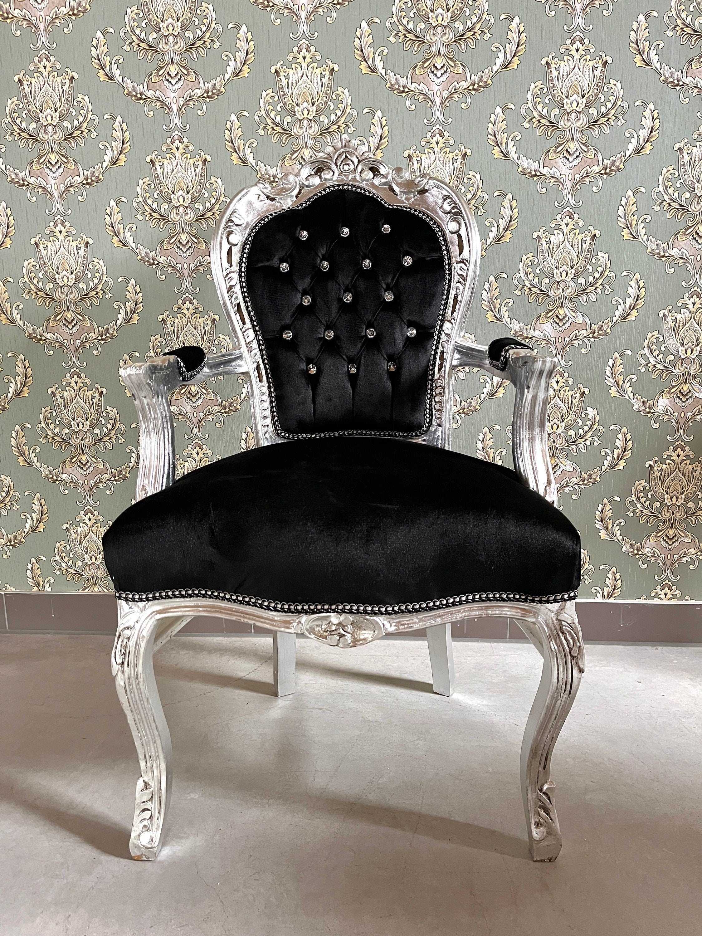 Armchair French Louis Style Black Velvet Chair Antique Style Baroque Rococo Style Armchair in Silver Finish Velvet Black for Home