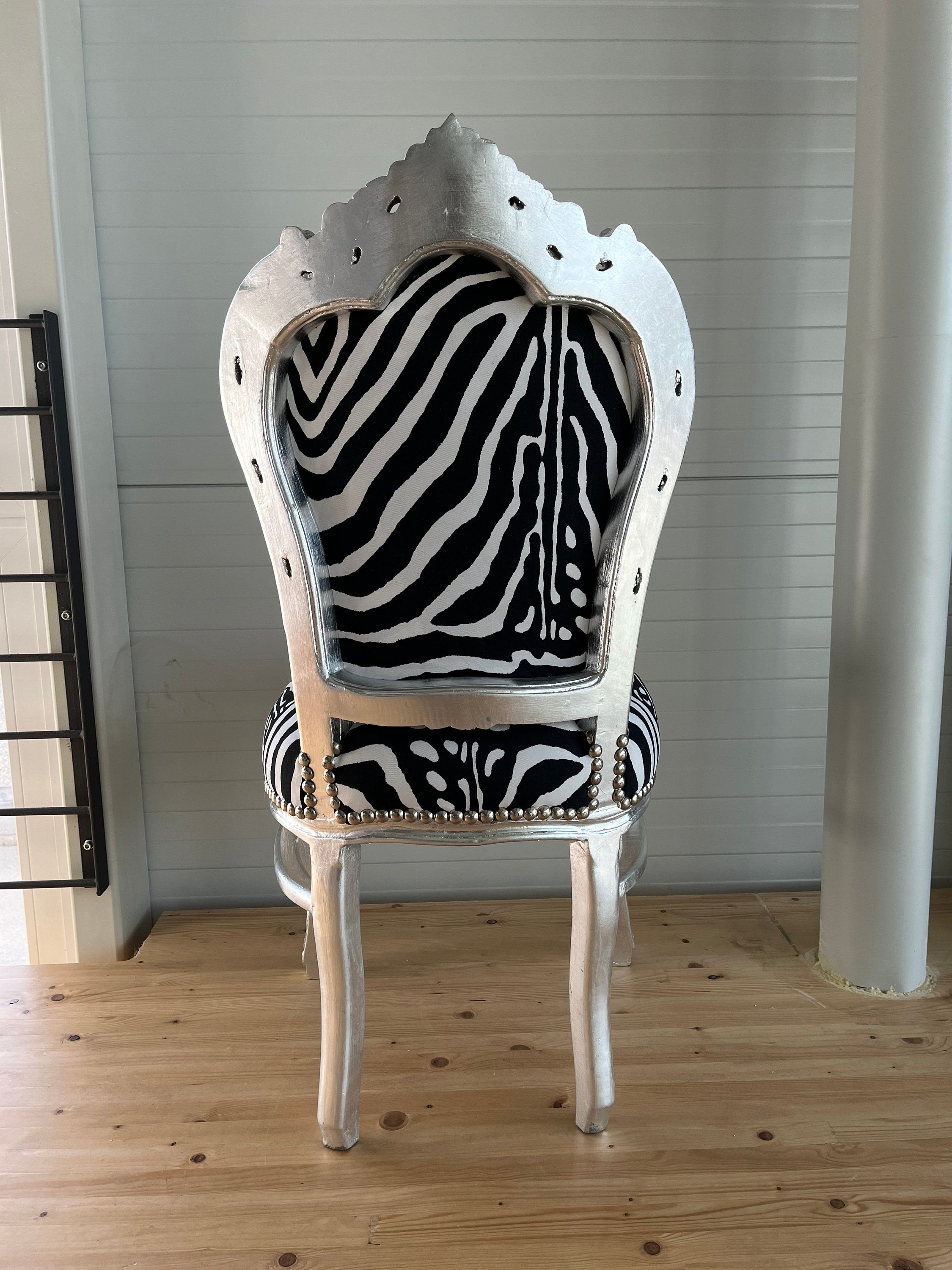 Silver Accent Chair Zebra Print French Baroque Handmade Dining Chair