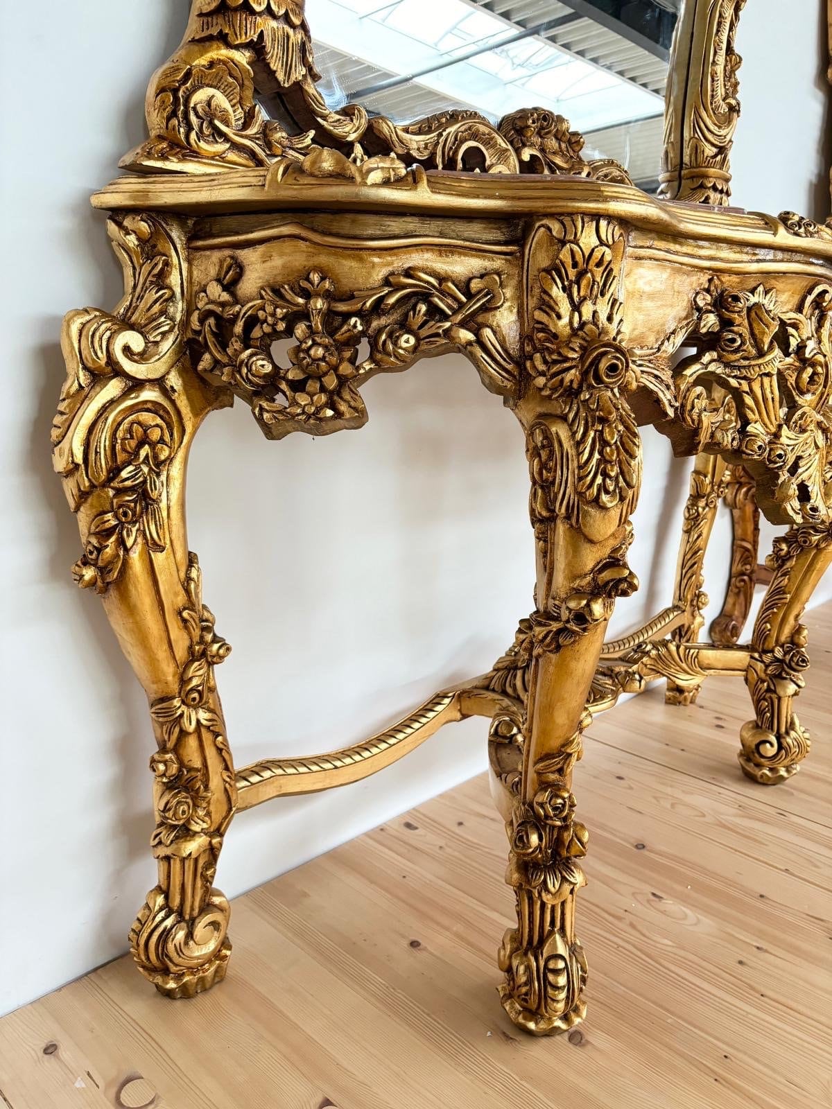 Huge Console Table Mirror Antique Style with Marble Slab Top Table Retro Baroque Style in Gold Finish for Home Decor for Hotel Display