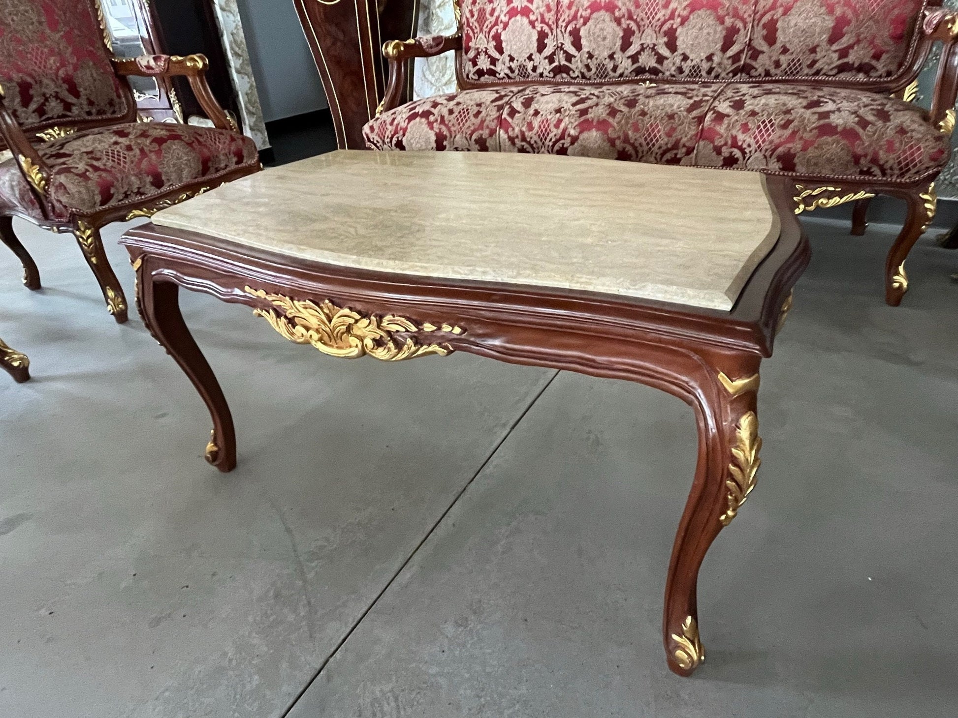 Sofa Set Bordeaux Flower Pattern French Antique Style Sofa Set in Red Royal Baroque Style Sofa Set For Home Lounge Room For Hotel Lobby
