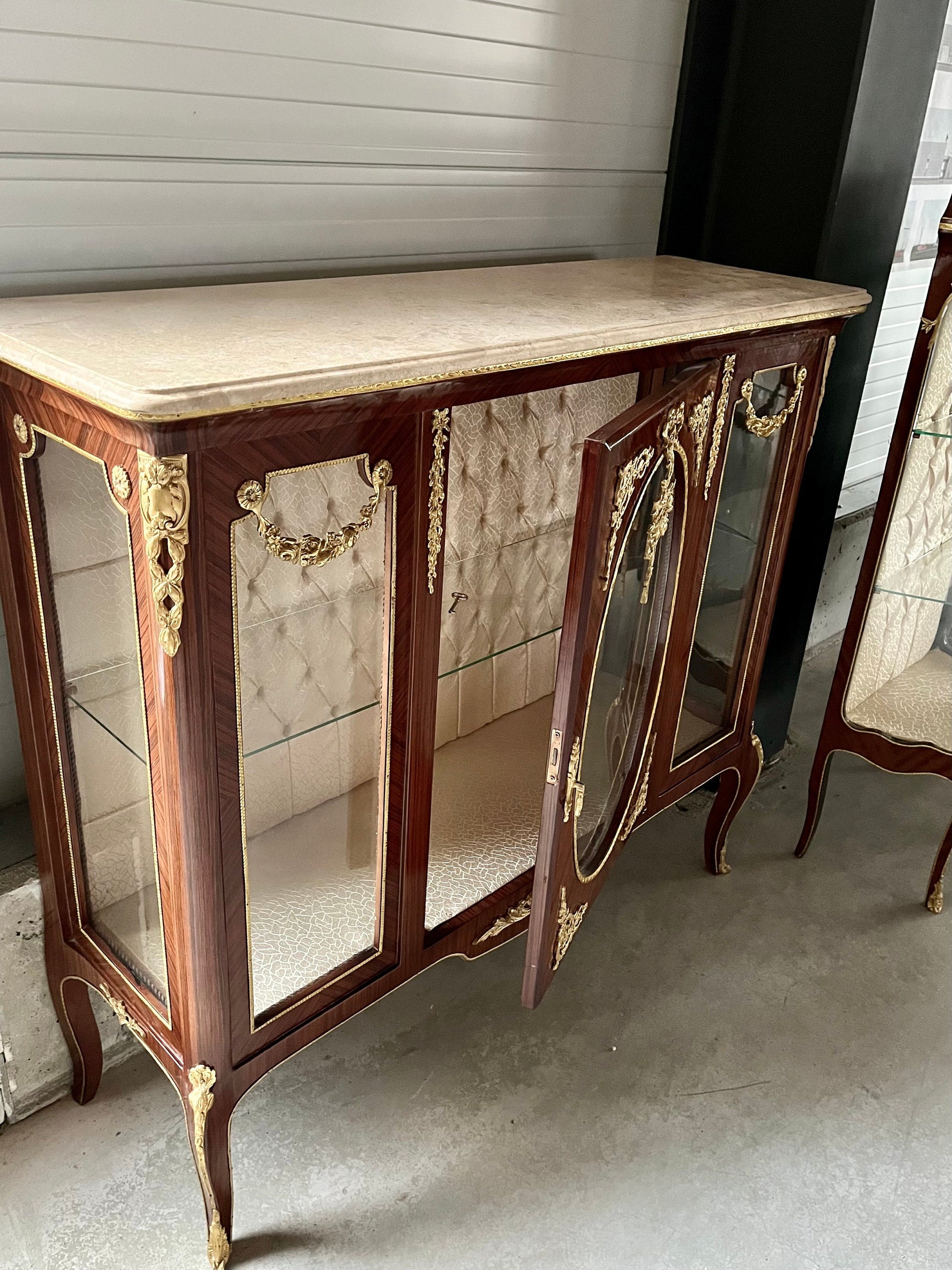 Showcase Wood Marble Brass Home Decor French Baroque Style Marble Top Wood Showcase French Louis XV Style Showcase Antique Style for Home