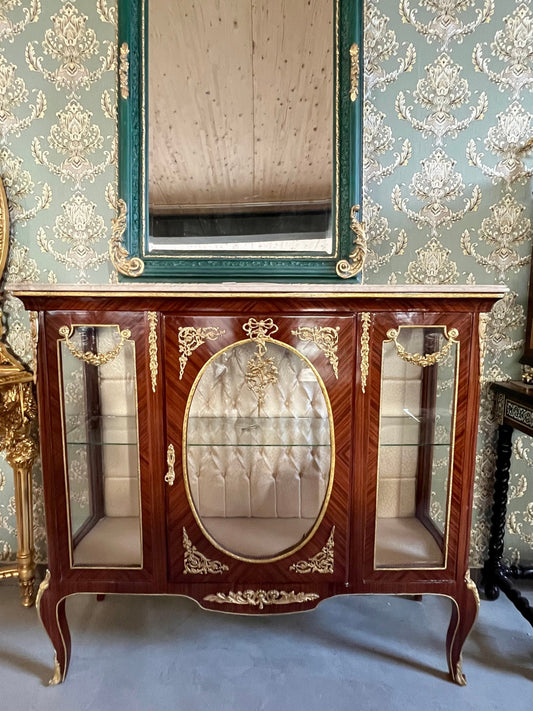 Showcase Wood Marble Brass Home Decor French Baroque Style Marble Top Wood Showcase French Louis XV Style Showcase Antique Style for Home