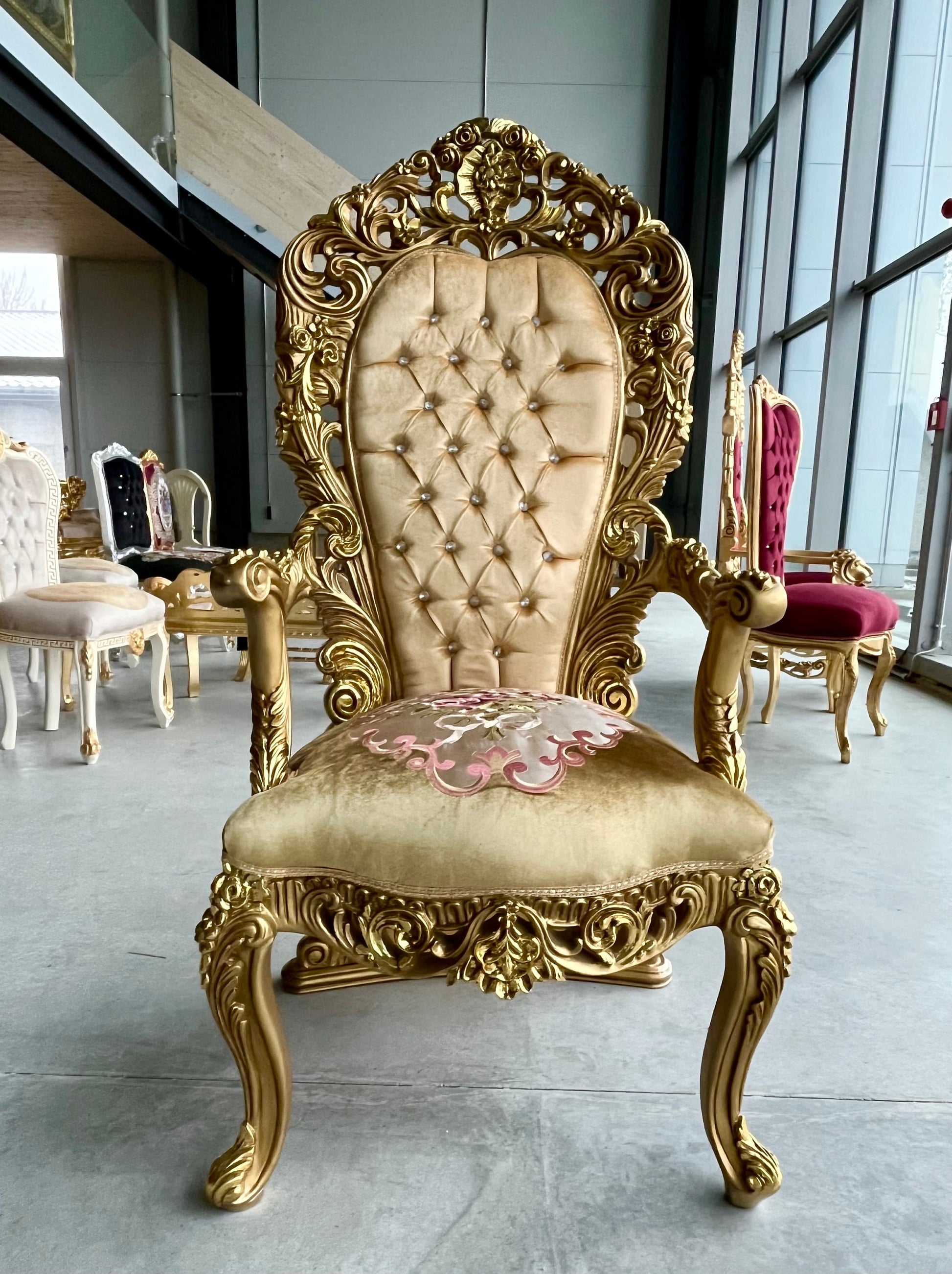 Throne Italian Baroque Rococo Style Armchair in Gold Finish Good for Wedding or Event Decoration