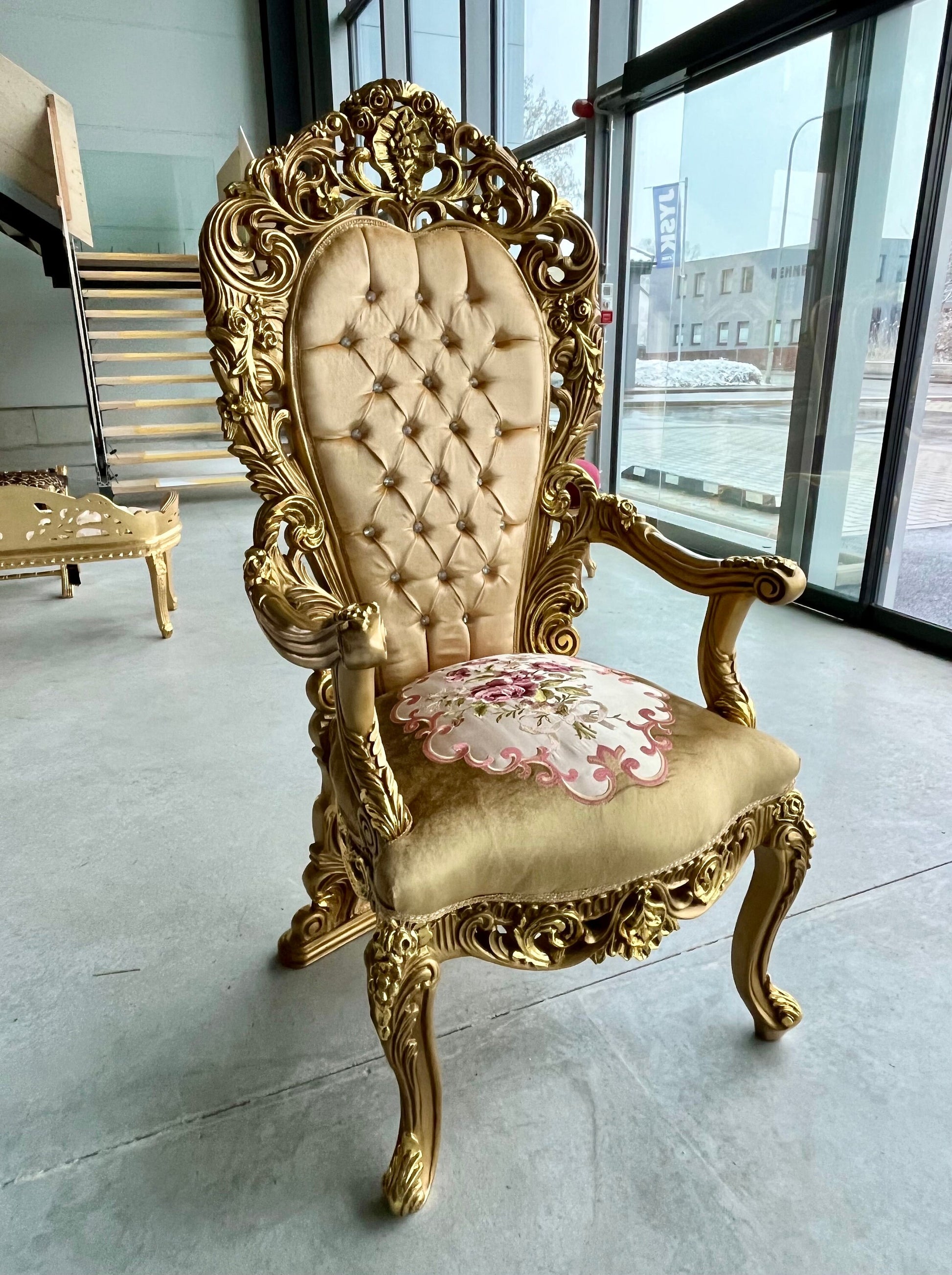 Throne Italian Baroque Rococo Style Armchair in Gold Finish Good for Wedding or Event Decoration
