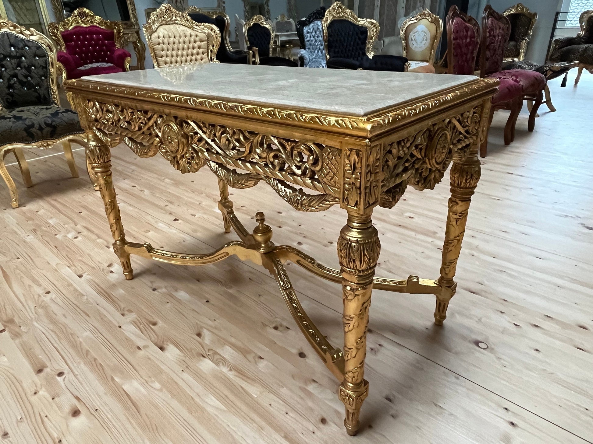 Dining Table French Baroque Style in Gold Finish with Black Color Marble Top & 4 Armchairs in Black Flower Pattern in Gold Finish