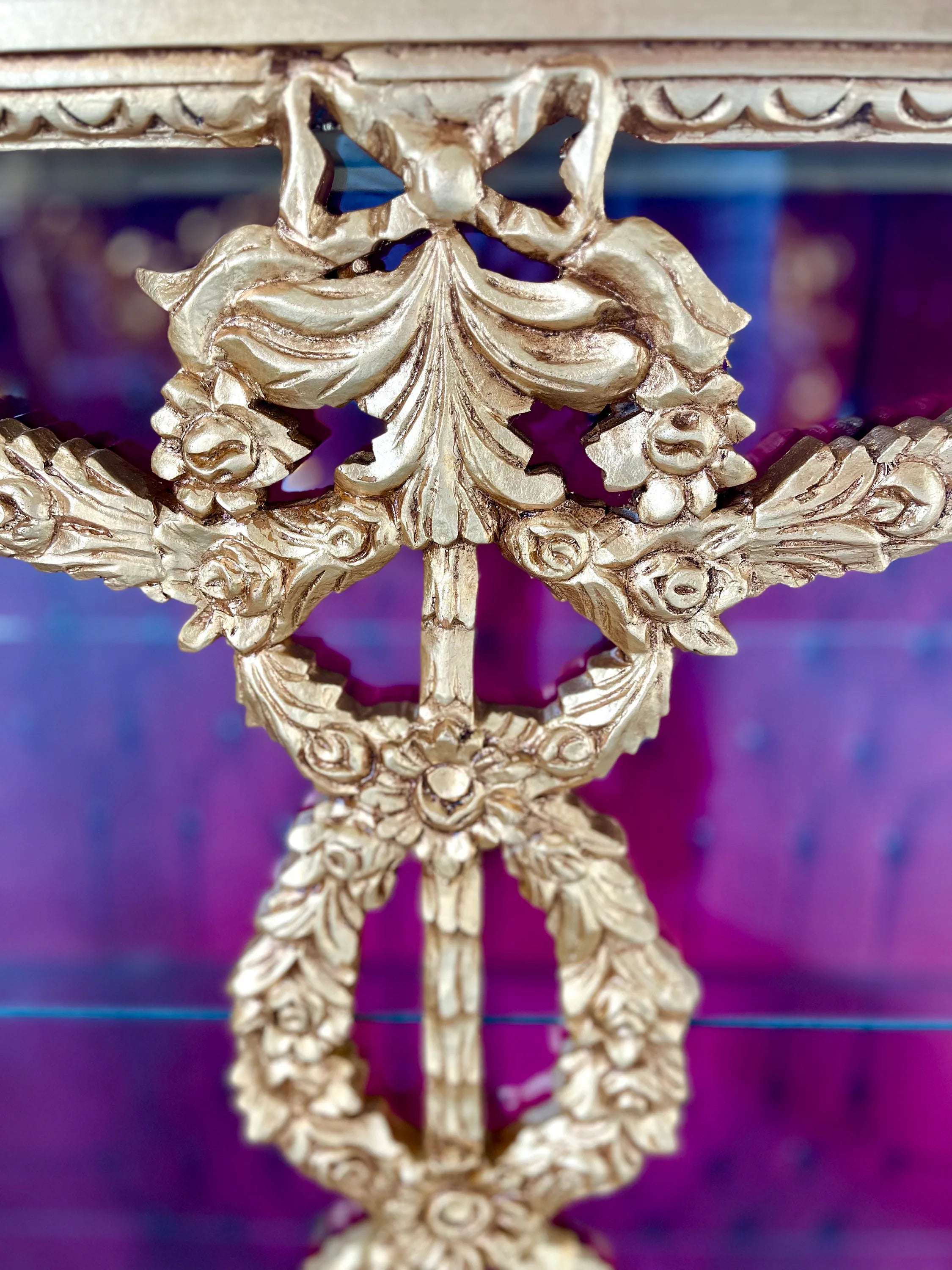 French Baroque Style Gold Vitrine Marble Top Red Velvet Glass Door Showcase