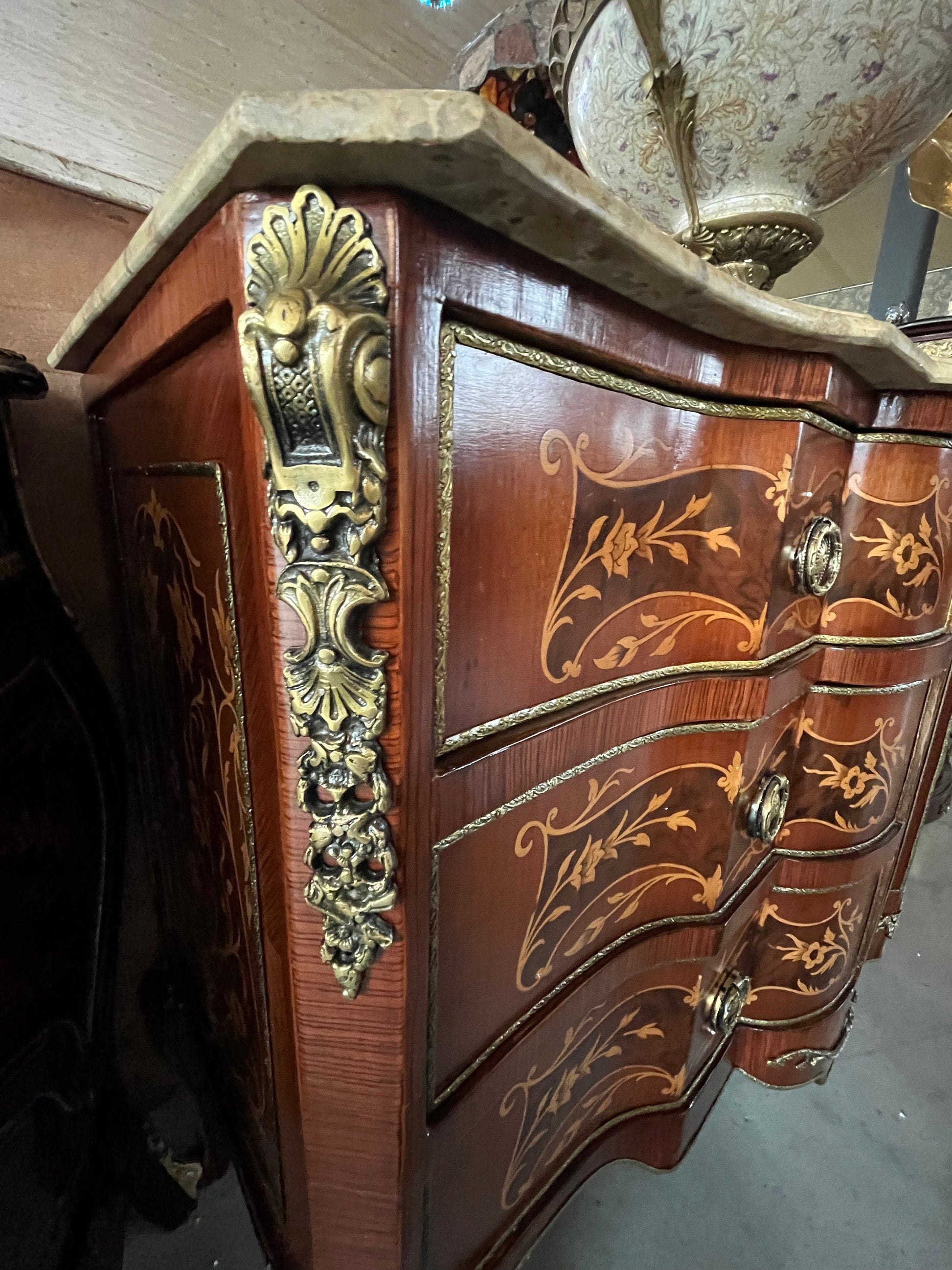 Chest of Drawer Nostalgic French Baroque Style Wooden Cabinet with Marble at Top Antique Style Reproduction for Stylish Home Decor- Limited