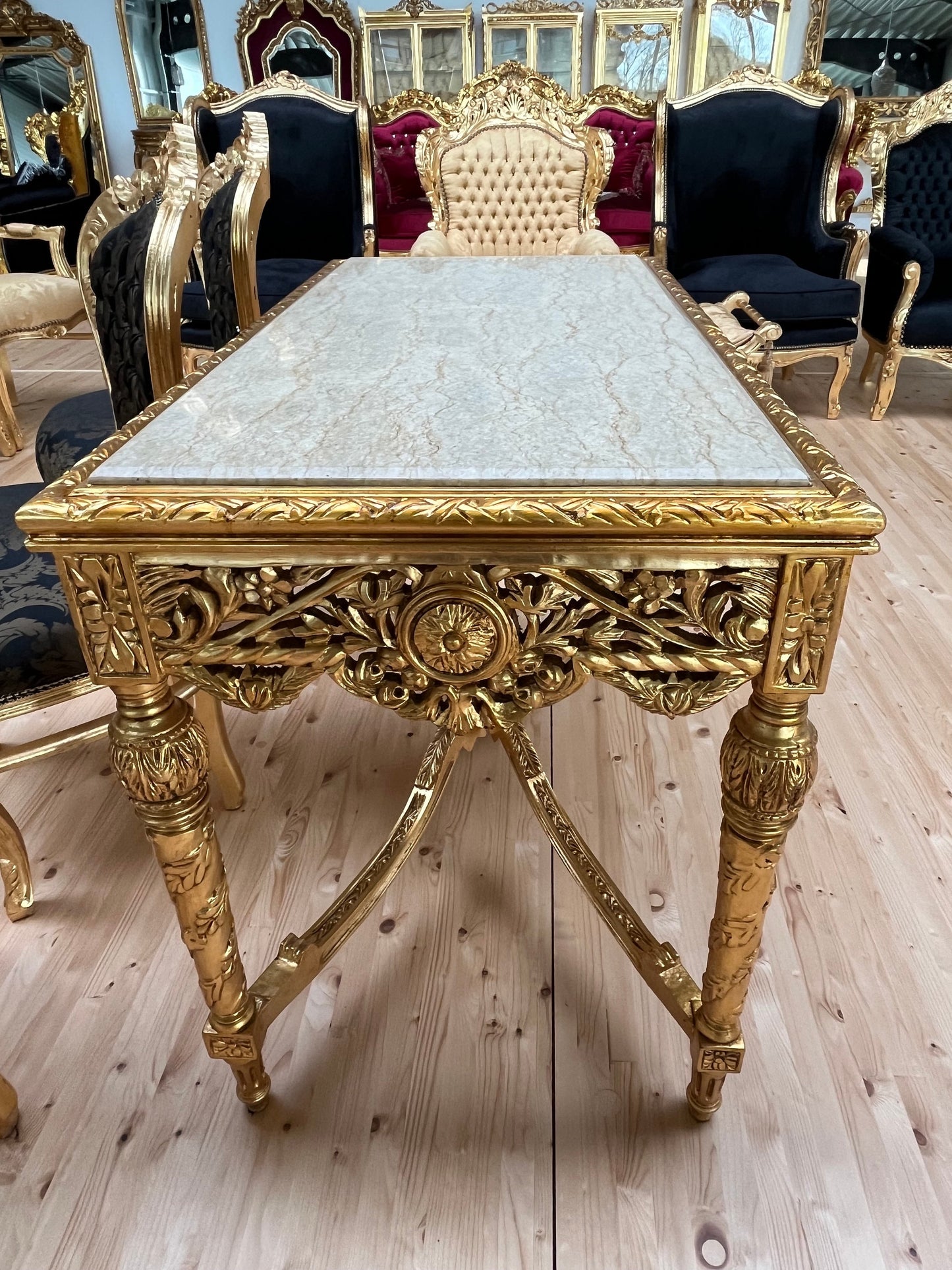 Dining Table French Baroque Style in Gold Finish with Black Color Marble Top & 4 Armchairs in Black Flower Pattern in Gold Finish
