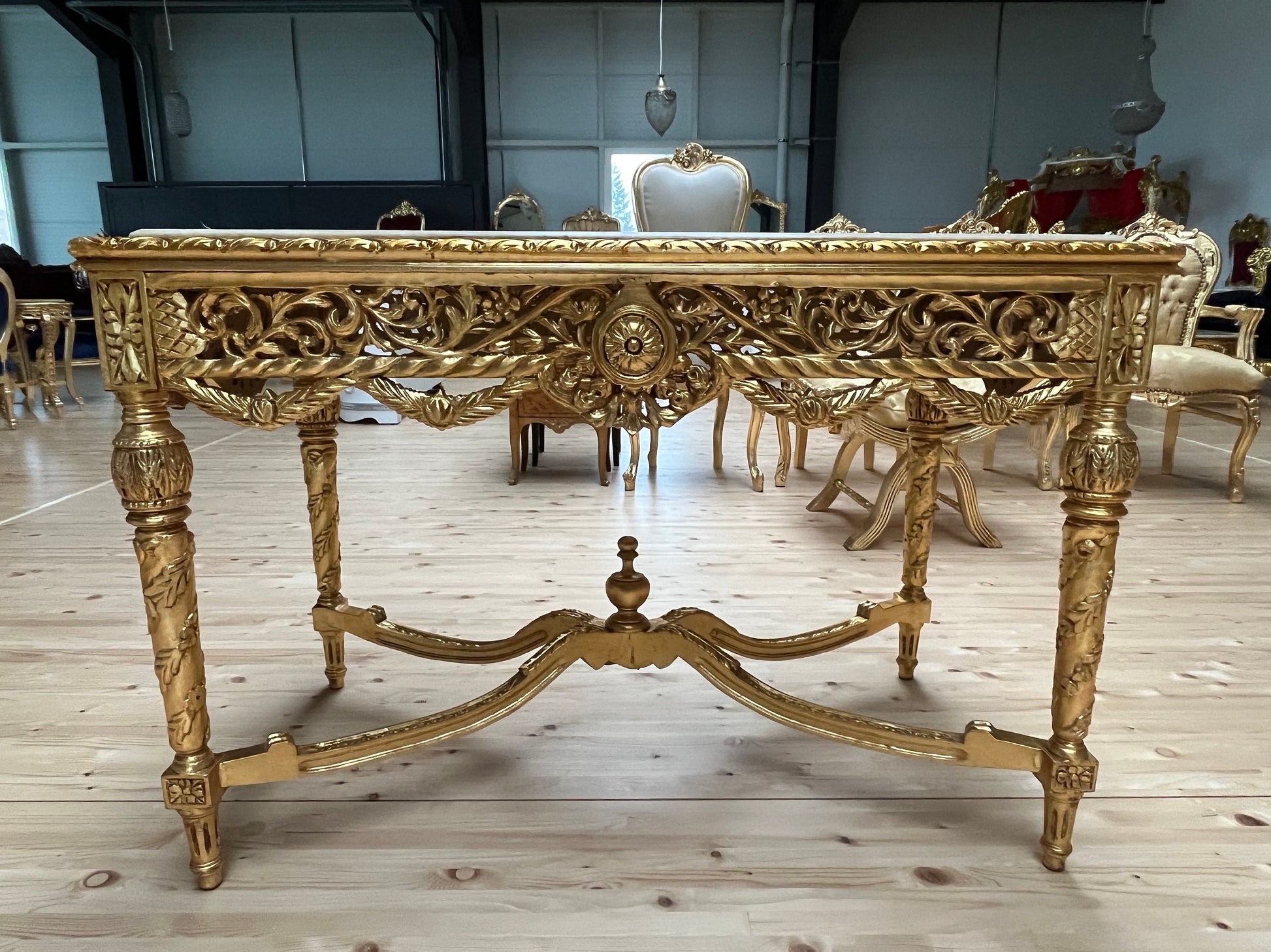 Dining Table French Baroque Style in Gold Finish with Black Color Marble Top & 4 Armchairs in Black Flower Pattern in Gold Finish