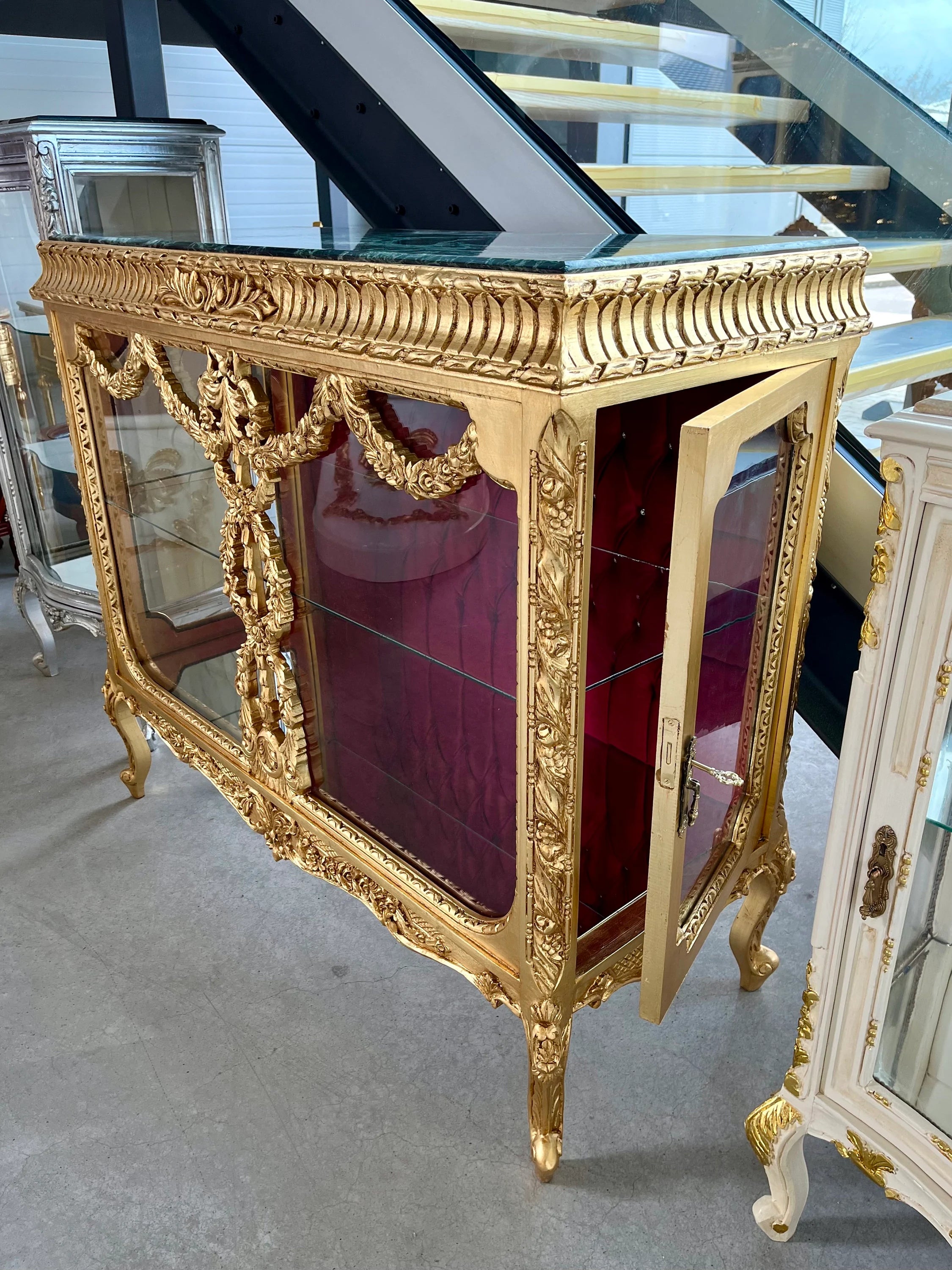 French Baroque Style Gold Vitrine Marble Top Red Velvet Glass Door Showcase