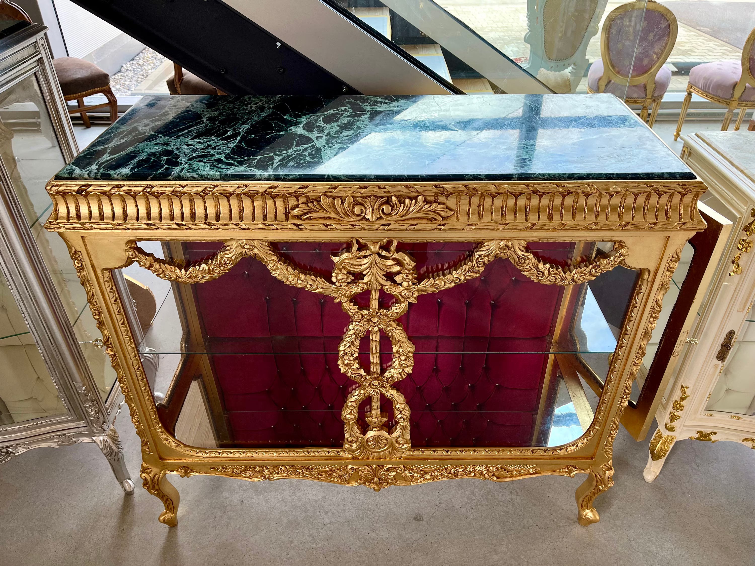 French Baroque Style Gold Vitrine Marble Top Red Velvet Glass Door Showcase