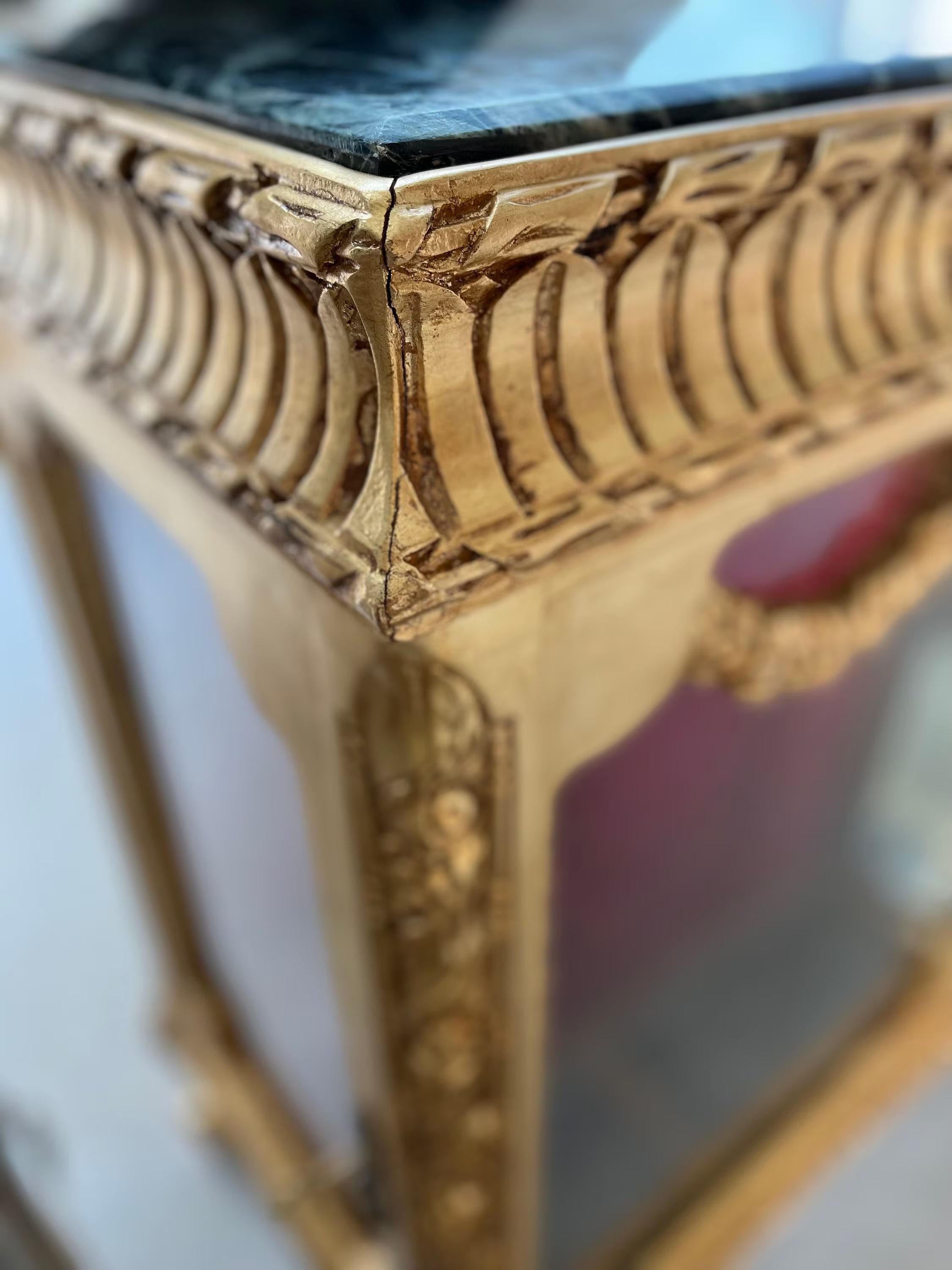 French Baroque Style Gold Vitrine Marble Top Red Velvet Glass Door Showcase