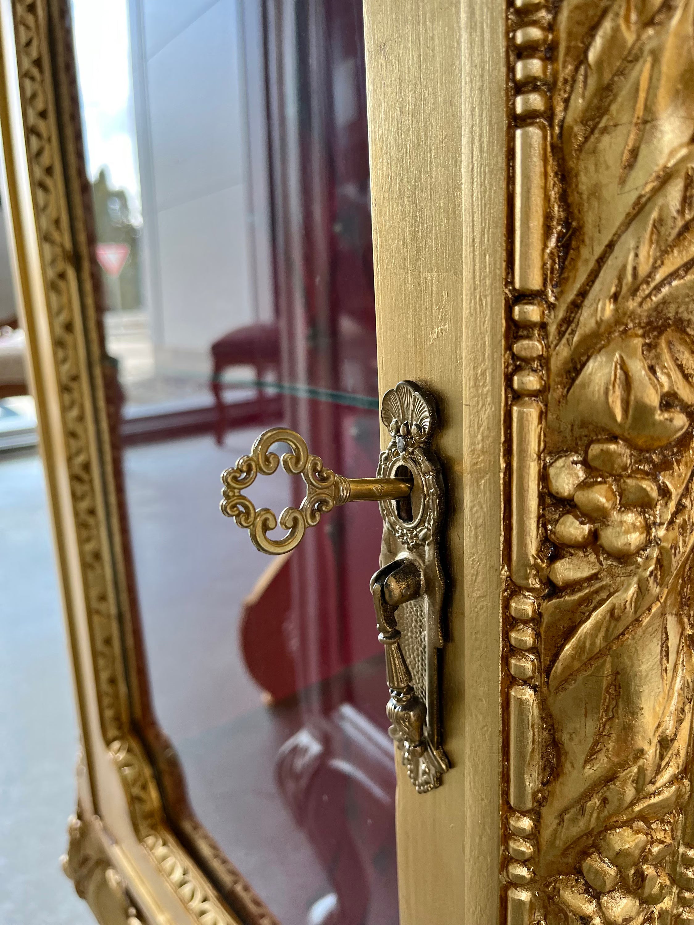 French Baroque Style Gold Vitrine Marble Top Red Velvet Glass Door Showcase