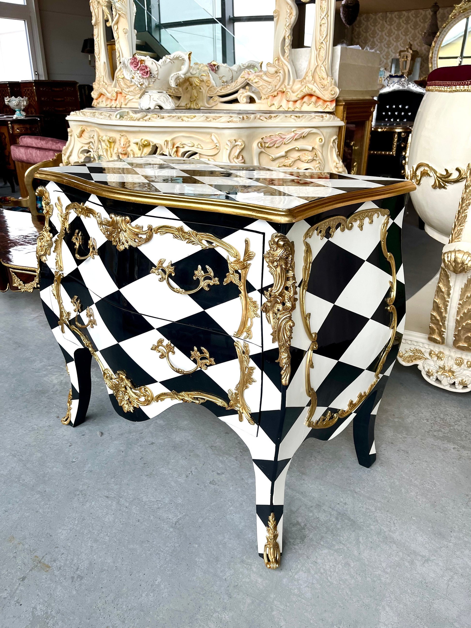 Chest of Drawer Middle Size French Louis Style in Black Diamond Print Retro Baroque Style Cabinet Inlaid 3 Drawer With Bronze Ornaments