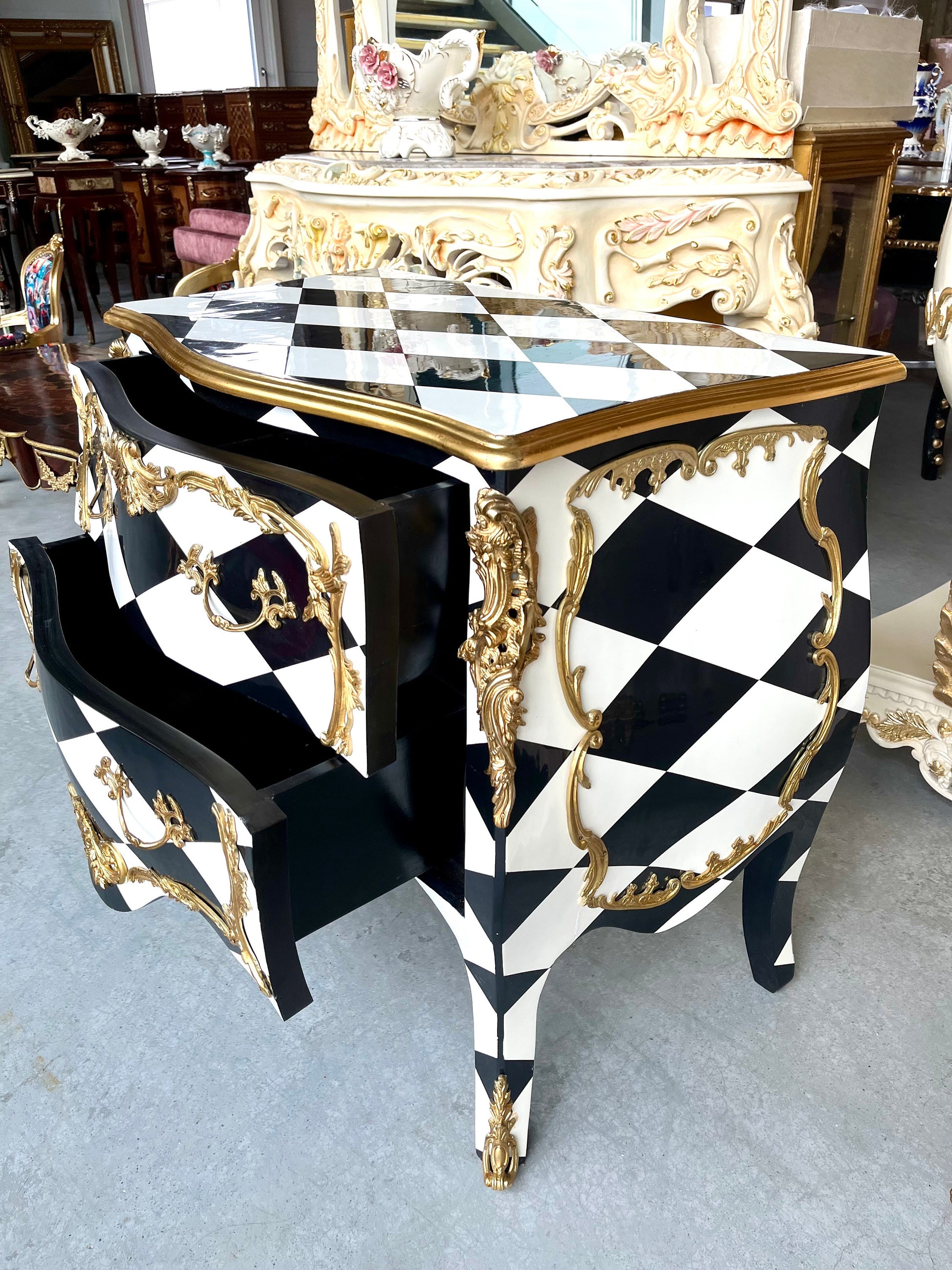 Chest of Drawer Middle Size French Louis Style in Black Diamond Print Retro Baroque Style Cabinet Inlaid 3 Drawer With Bronze Ornaments