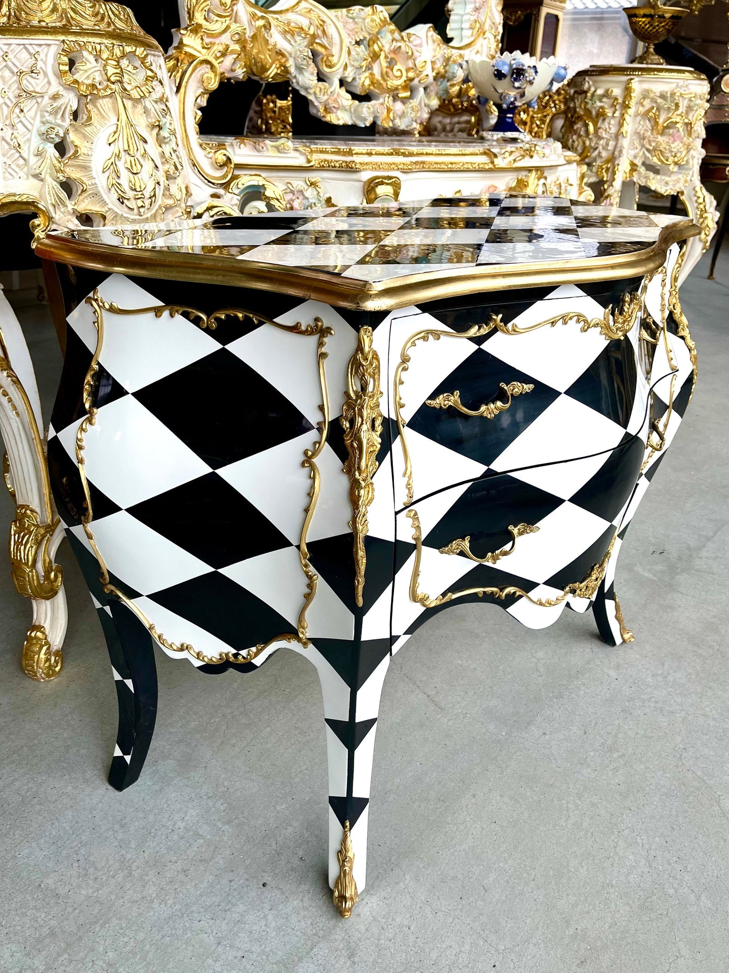 Chest of Drawer Middle Size French Louis Style in Black Diamond Print Retro Baroque Style Cabinet Inlaid 3 Drawer With Bronze Ornaments