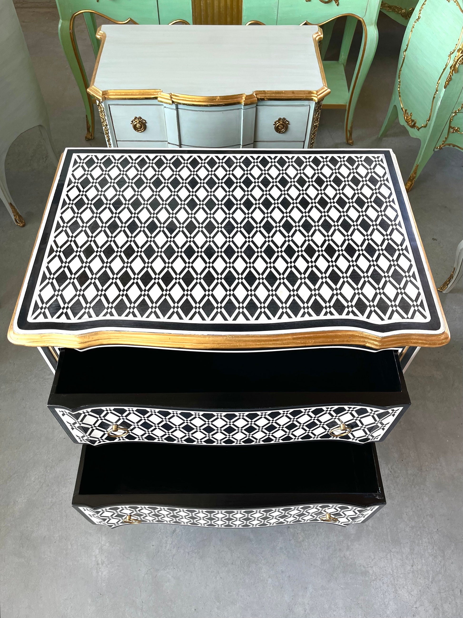 Chest of Drawer Art Deco Style Black & White Wooden Dresser Black Diamond Print Kommode Bedroom Cabinet for Home Decor