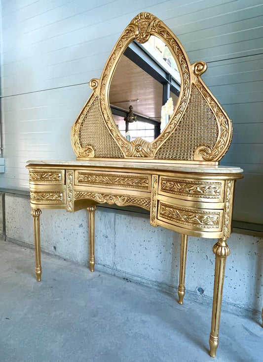 Mirror and Desk Set French Antique Style with Marble Slab Top Wooden Table Baroque Rococo Style in Gold Finish for Home Decor