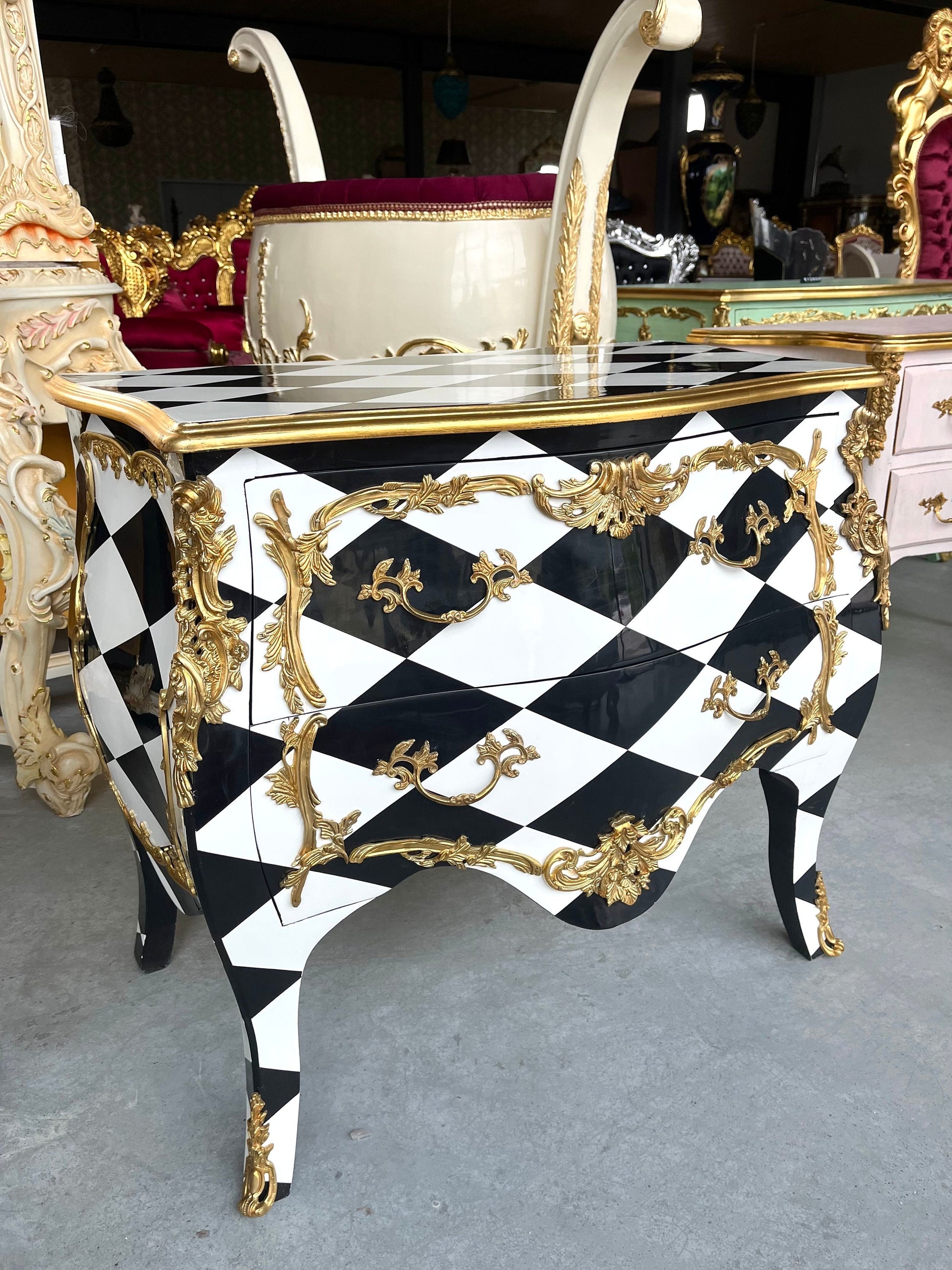 Chest of Drawer Middle Size French Louis Style in Black Diamond Print Retro Baroque Style Cabinet Inlaid 3 Drawer With Bronze Ornaments