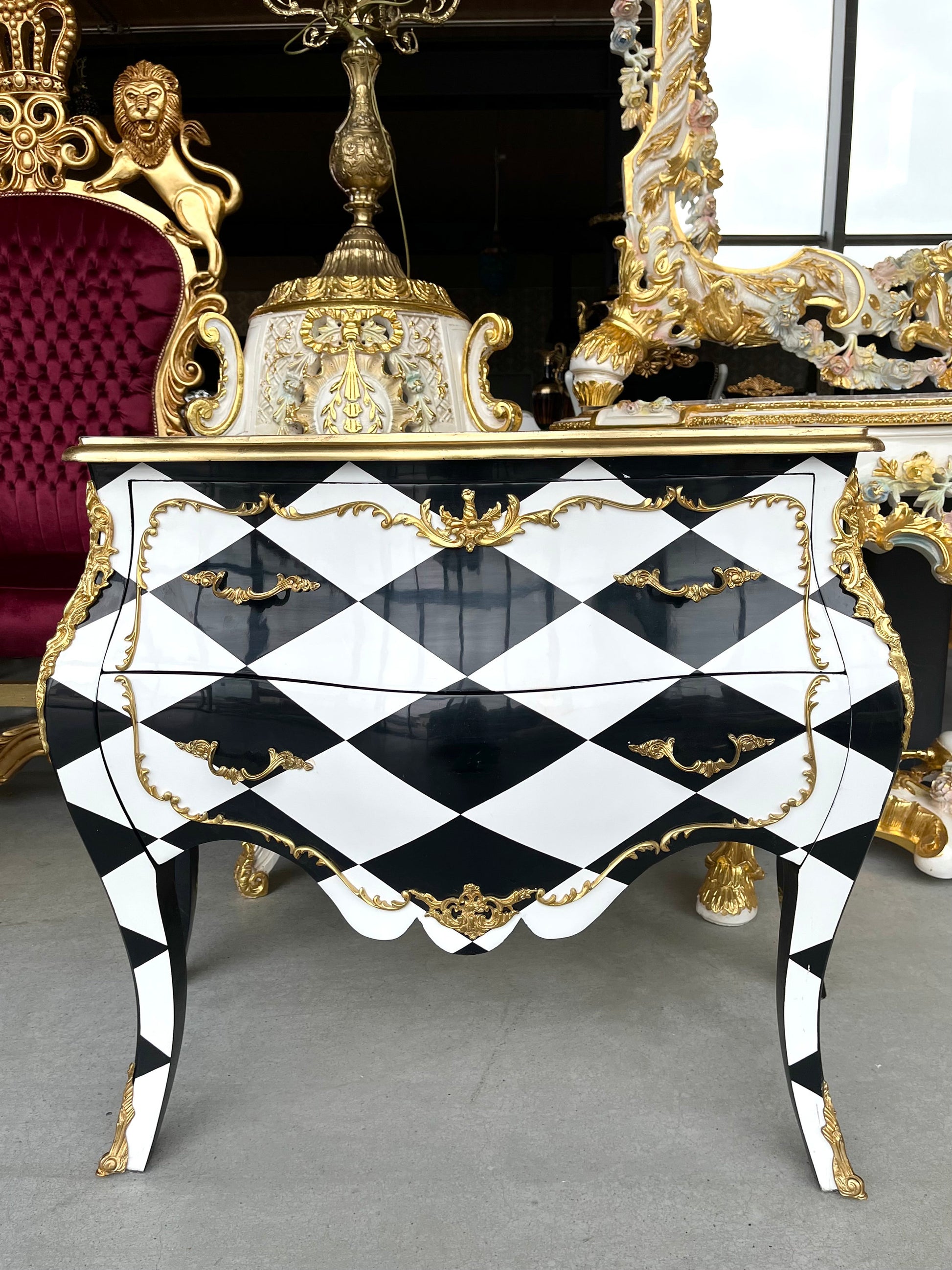 Chest of Drawer Middle Size French Louis Style in Black Diamond Print Retro Baroque Style Cabinet Inlaid 3 Drawer With Bronze Ornaments