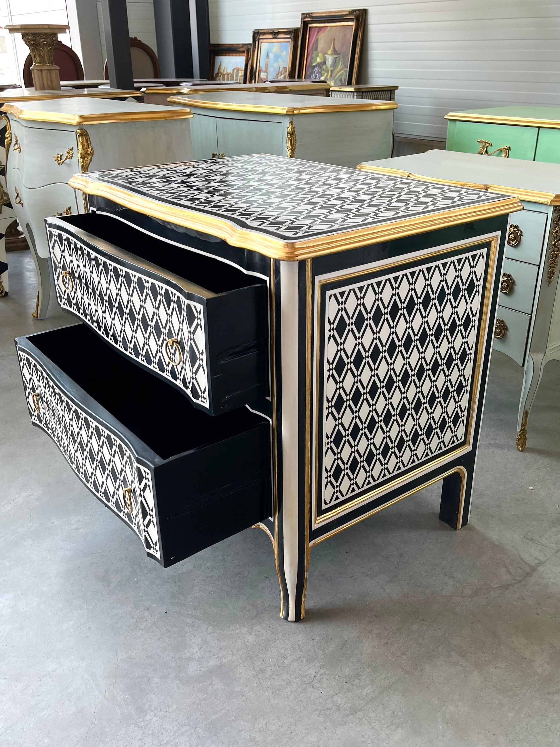 Chest of Drawer Art Deco Style Black & White Wooden Dresser Black Diamond Print Kommode Bedroom Cabinet for Home Decor