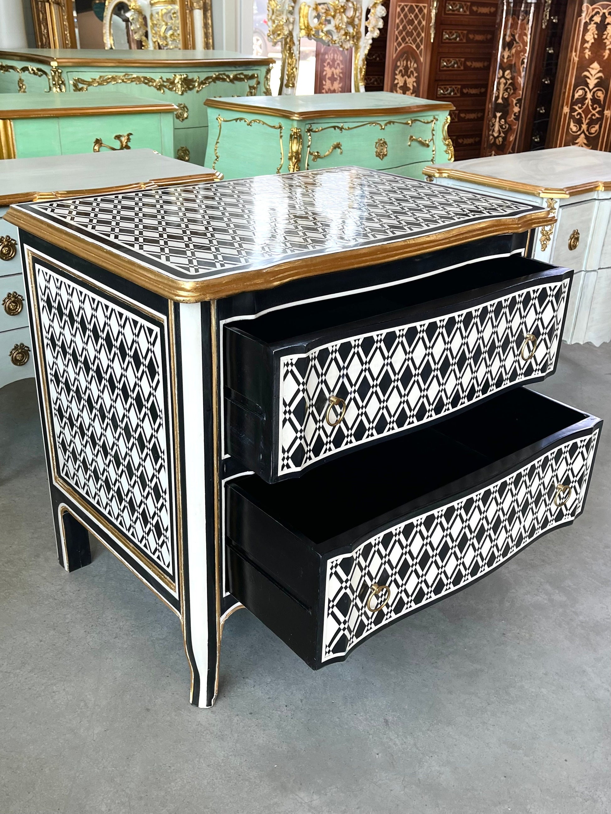 Chest of Drawer Art Deco Style Black & White Wooden Dresser Black Diamond Print Kommode Bedroom Cabinet for Home Decor