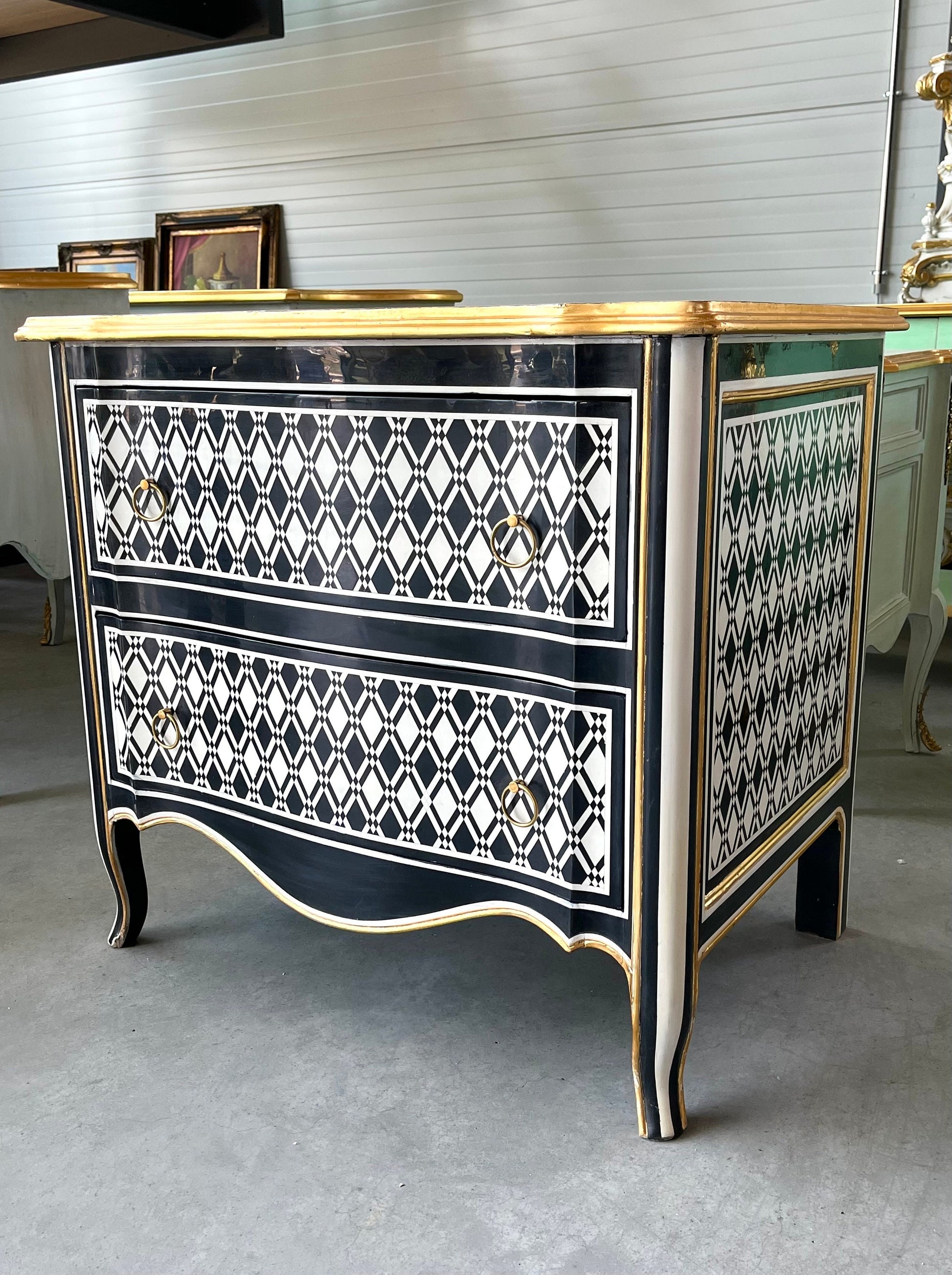 Chest of Drawer Art Deco Style Black & White Wooden Dresser Black Diamond Print Kommode Bedroom Cabinet for Home Decor