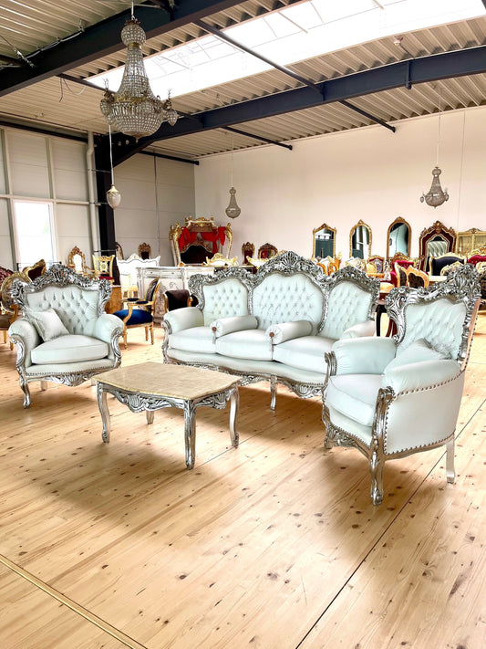 Sofa Set French Louis Style in White Color Settee Baroque Rococo Style Sofa Set in Silver Finish for Wedding Party Event