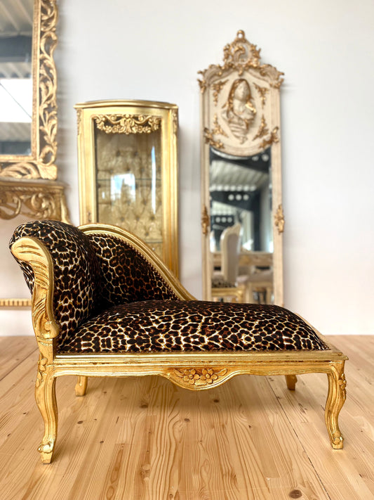 Bench French Louis Style SMALL Longue Bench Leopard Print Retro Baroque Style Ottoman for Home Decor Ottoman or Bench in Gold Finish