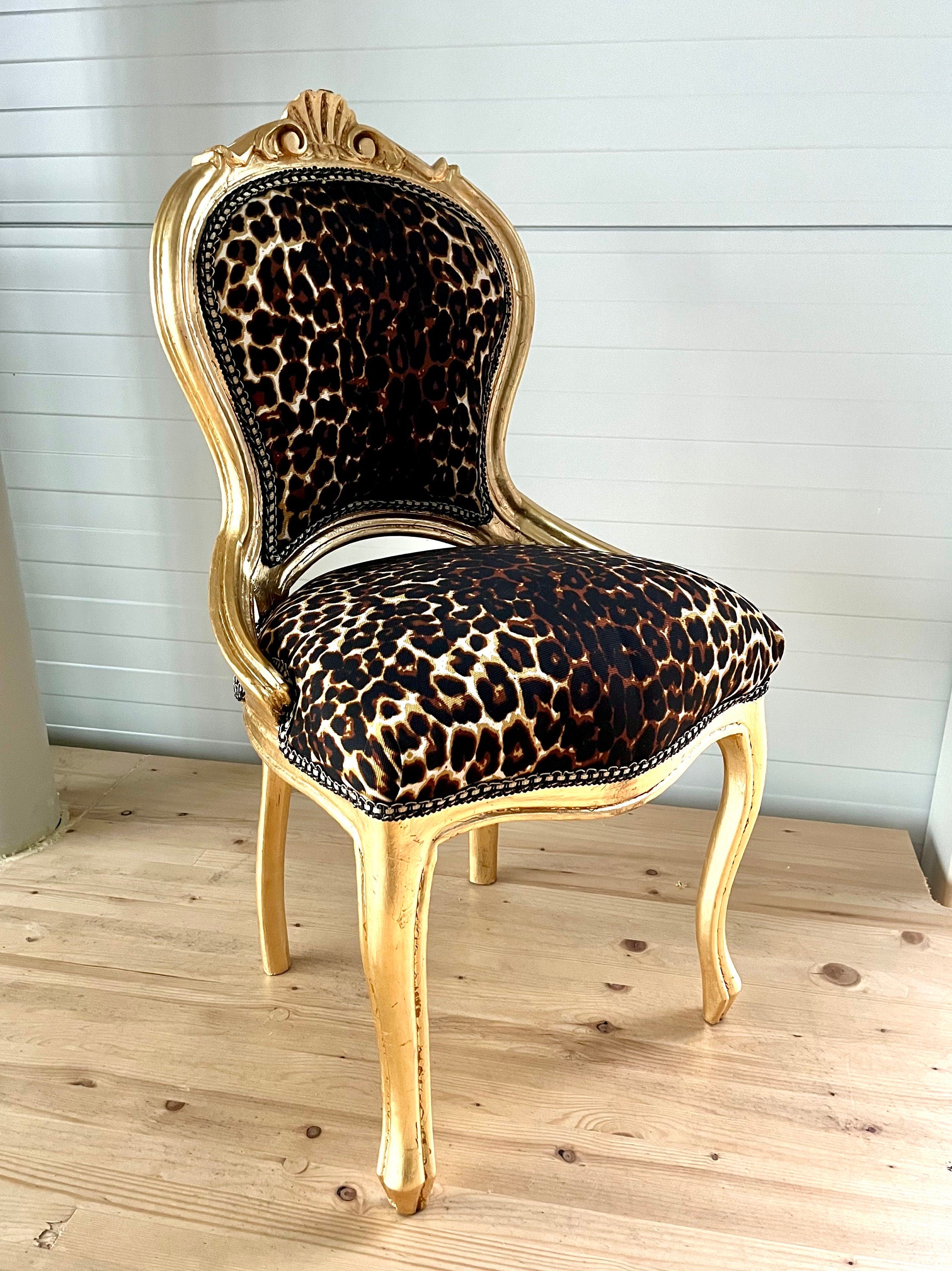 Small Chair French Baroque Rococo Style Retro Italian Style Kid’s Chair in Leopard Print Gold Finish Chair Black Flower Pattern Gold Finish