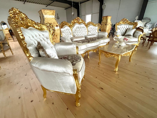 Sofa Set French Louis XV Style Settee Marble Slab Top Caffè Table Retro Baroque Style Sofa Set in Bright Ivory Velvet for Home Decor